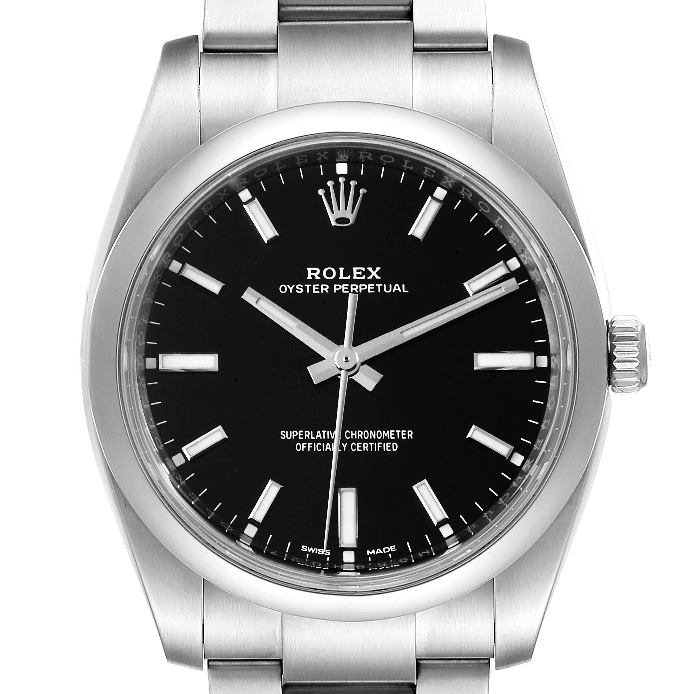 The image shows a front view of the Rolex Oyster Perpetual 114200 Men
s Stainless Steel Black Dial 114200 Men
s Stainless Steel Black Dial watch, highlighting the black dial, silver hands, and stainless steel bracelet.