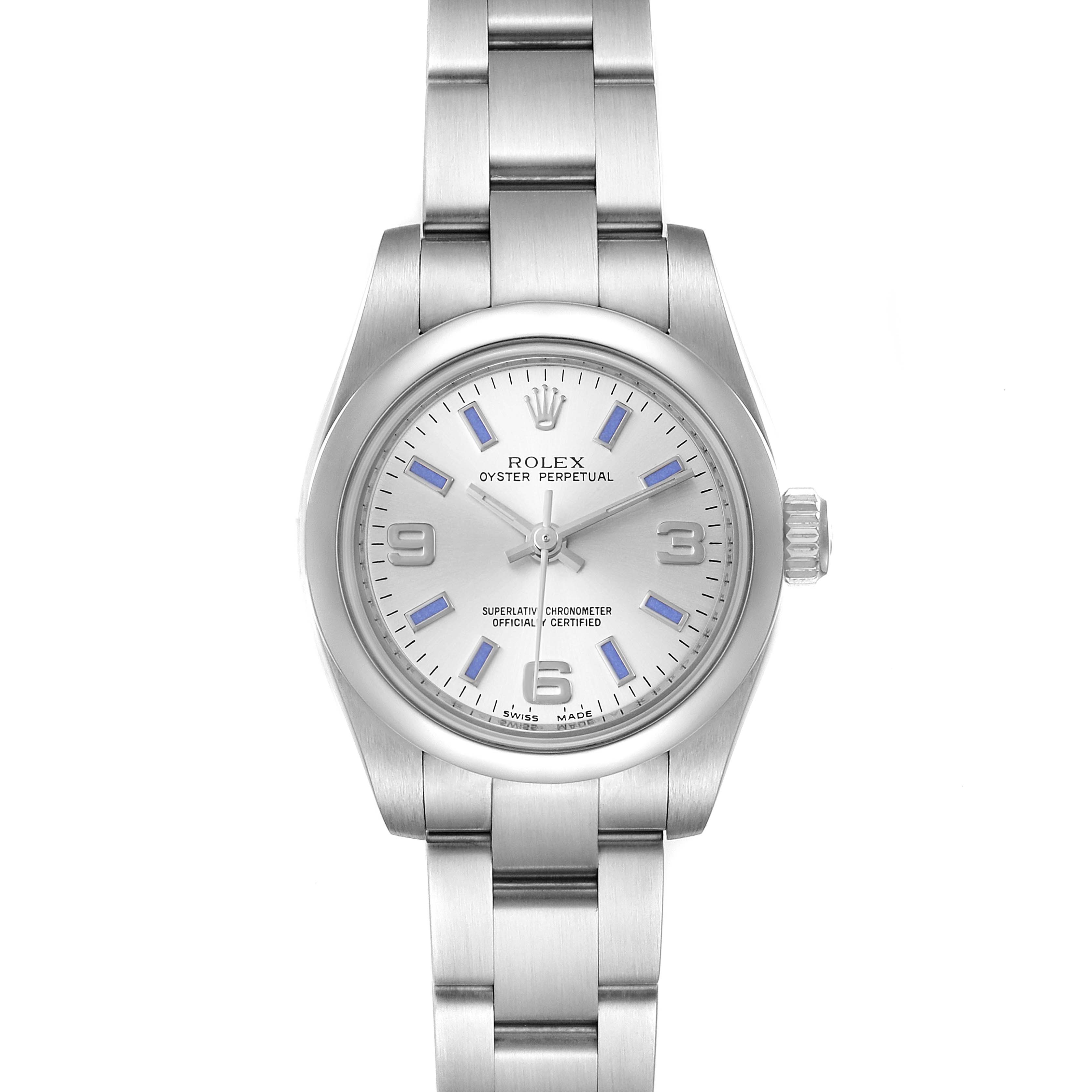 This is a front view of a Rolex Oyster Perpetual 176200 Women
s Stainless Steel Silver Dial 176200 Women
s Stainless Steel Silver Dial watch, showing the face, bezel, crown, and bracelet.
