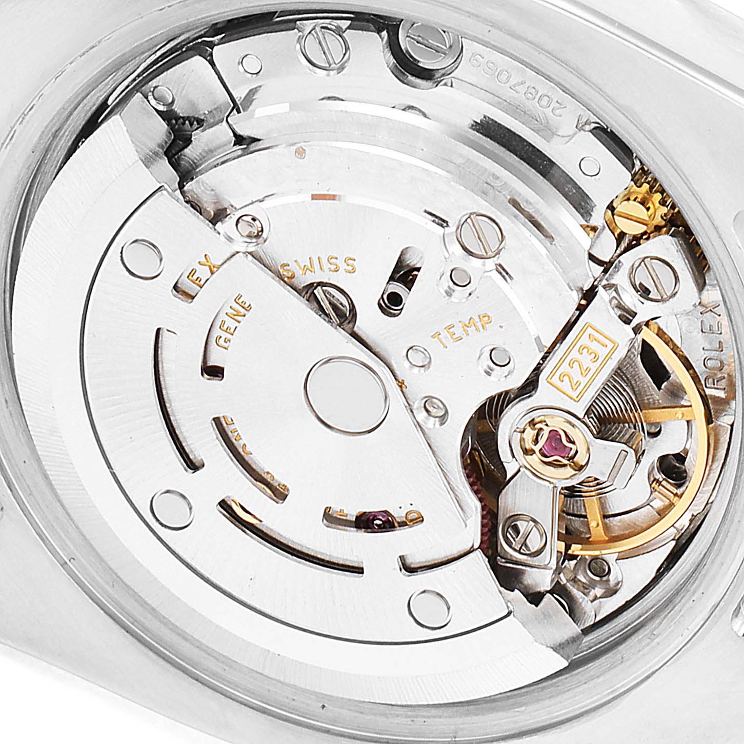 This image showcases the movement mechanism of a Rolex Oyster Perpetual 176200 Women
s Stainless Steel Silver Dial 176200 Women
s Stainless Steel Silver Dial watch from a close-up angle.