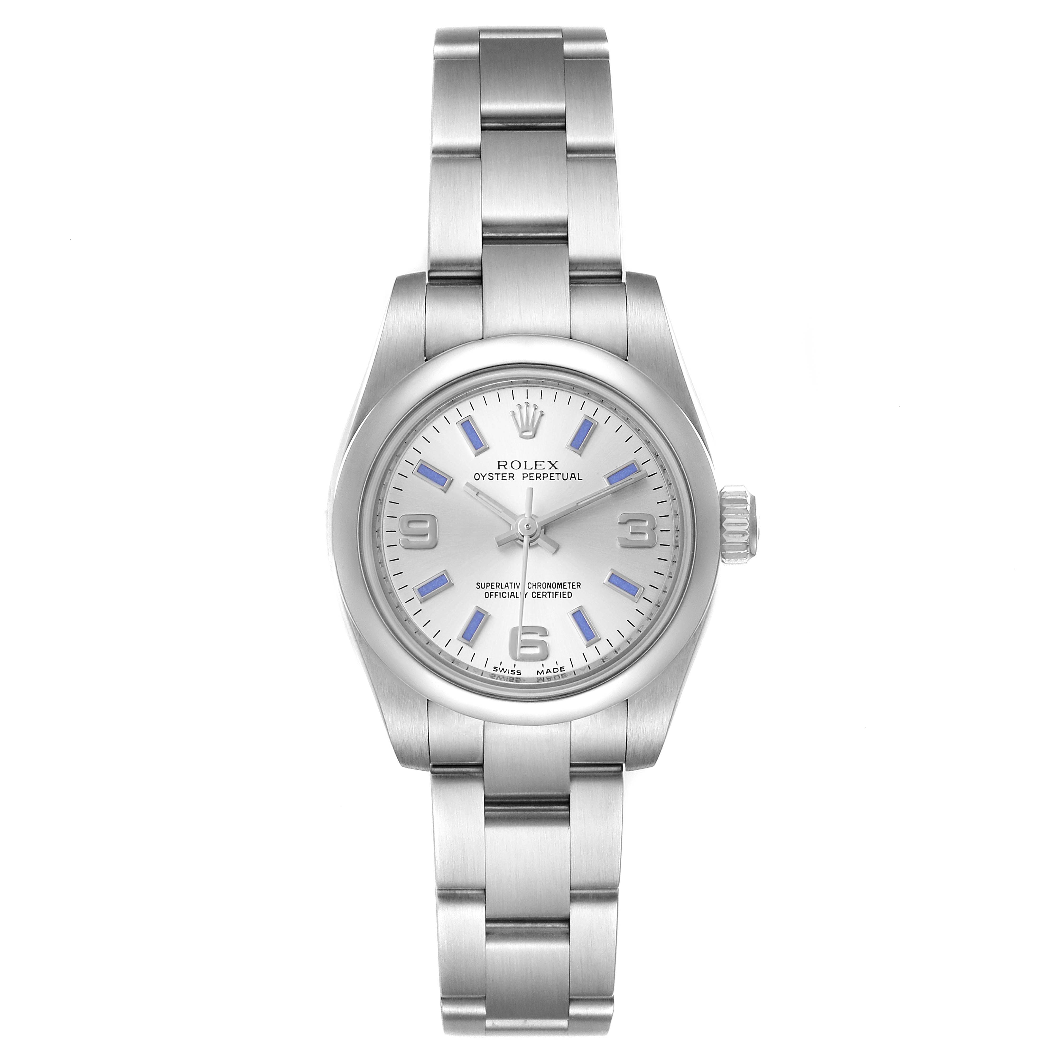This image shows a Rolex Oyster Perpetual 176200 Women
s Stainless Steel Silver Dial 176200 Women
s Stainless Steel Silver Dial watch from a top-down angle, displaying the entire face and bracelet.