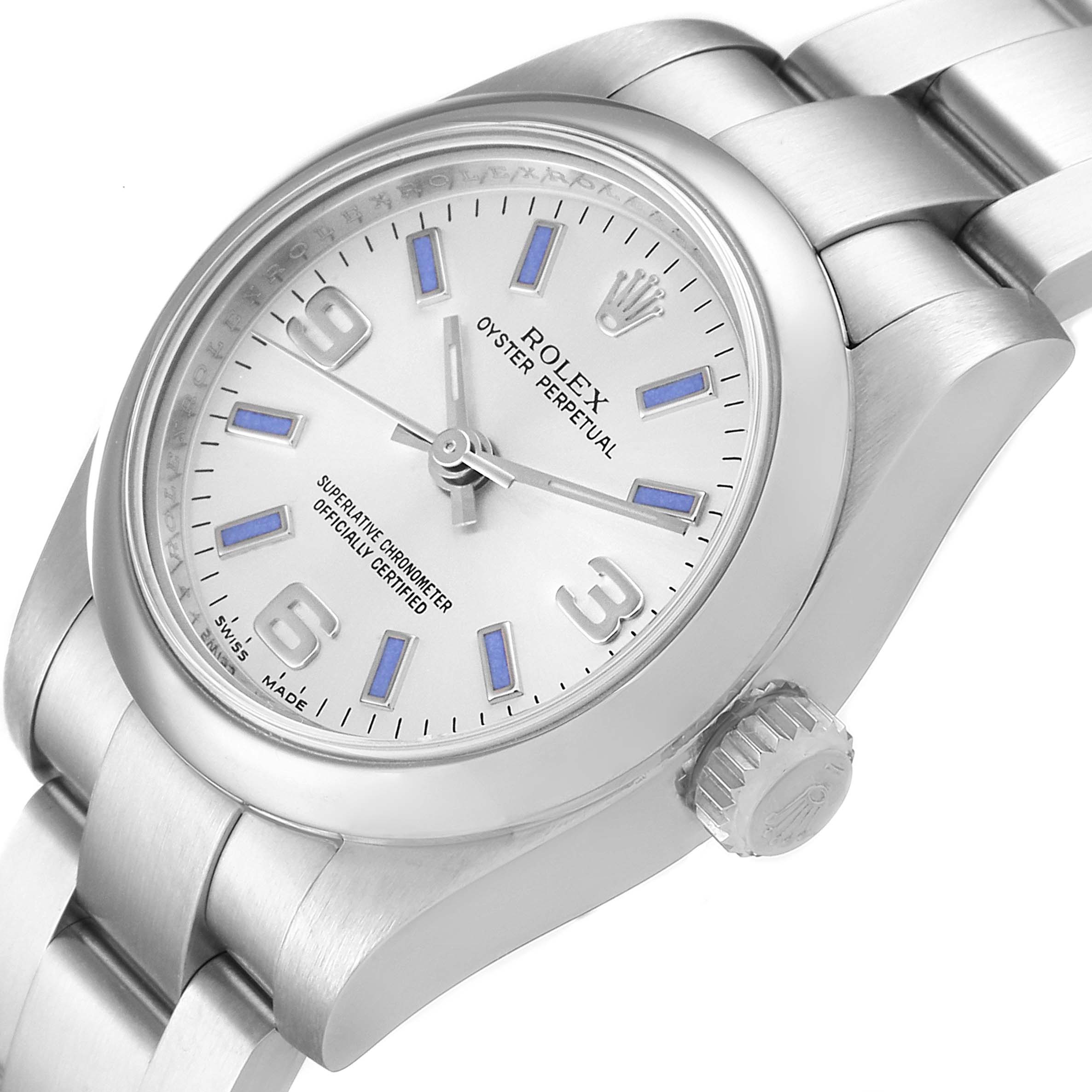 This Rolex Oyster Perpetual 176200 Women
s Stainless Steel Silver Dial 176200 Women
s Stainless Steel Silver Dial watch is shown at an angle displaying the dial, crown, and part of the bracelet.