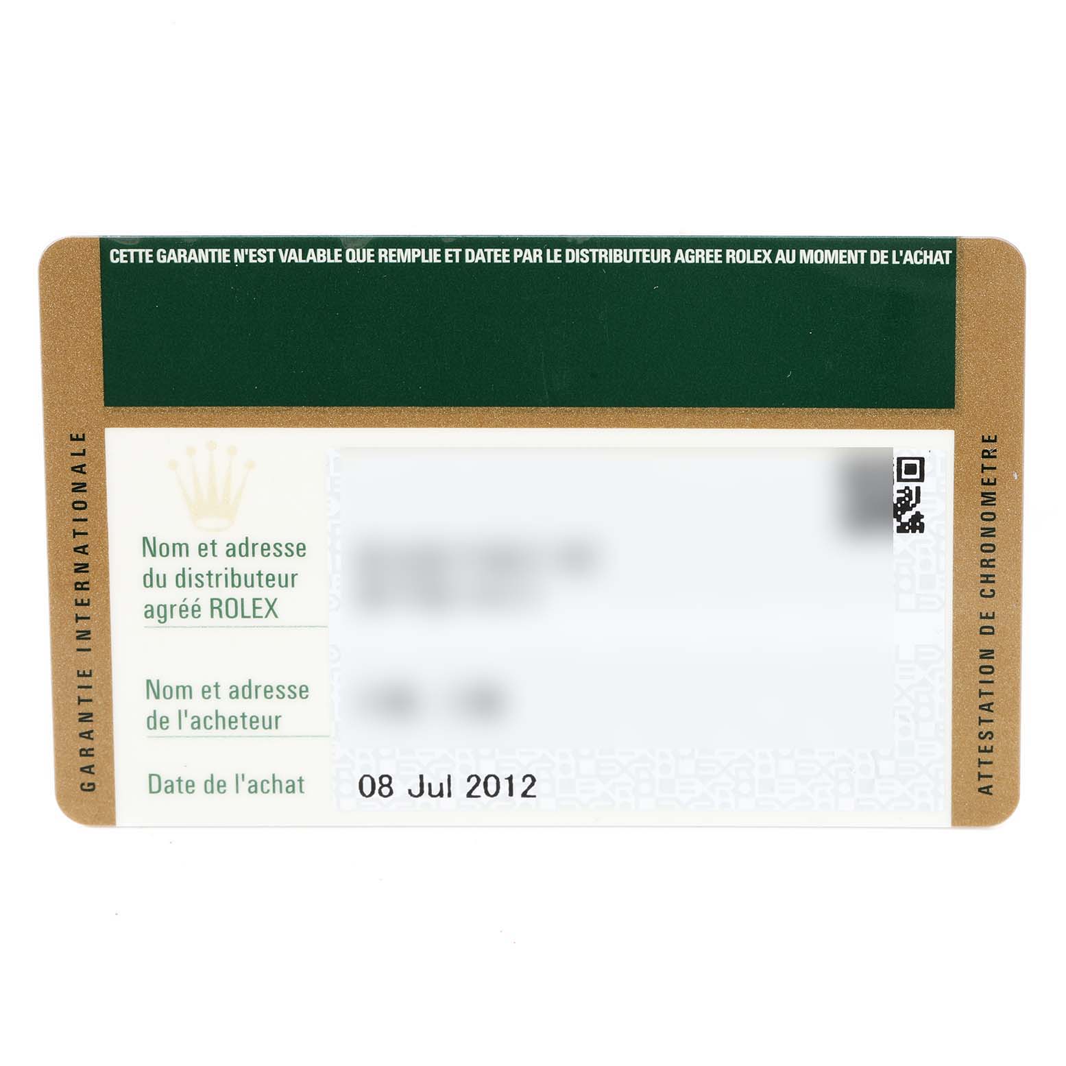 This image shows the warranty card for a Rolex Oyster Perpetual 176200 Women
s Stainless Steel Silver Dial 176200 Women
s Stainless Steel Silver Dial watch, displaying purchase details and dealer information.