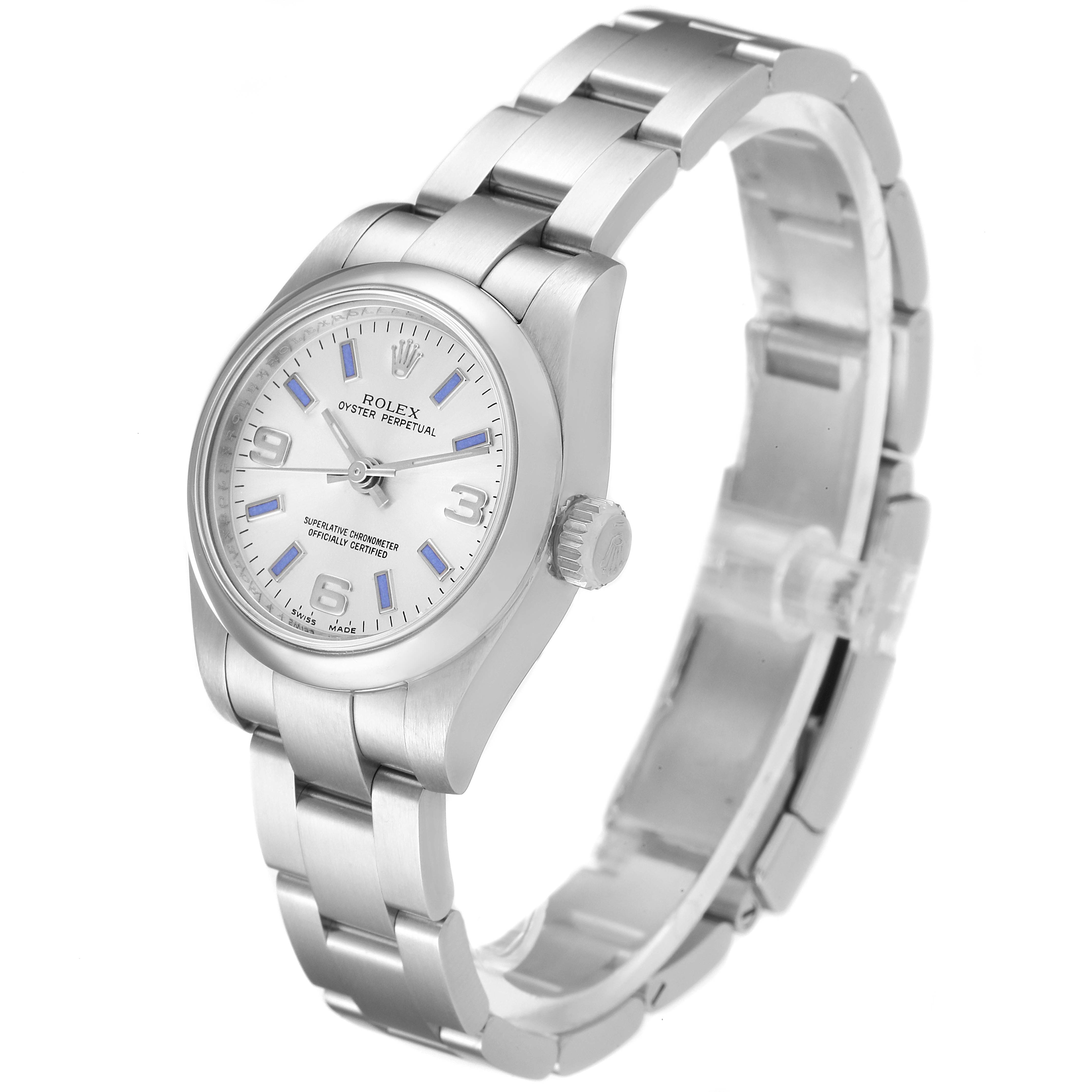 The Rolex Oyster Perpetual 176200 Women
s Stainless Steel Silver Dial 176200 Women
s Stainless Steel Silver Dial watch is shown at a slight angle, displaying the face, bezel, and bracelet.