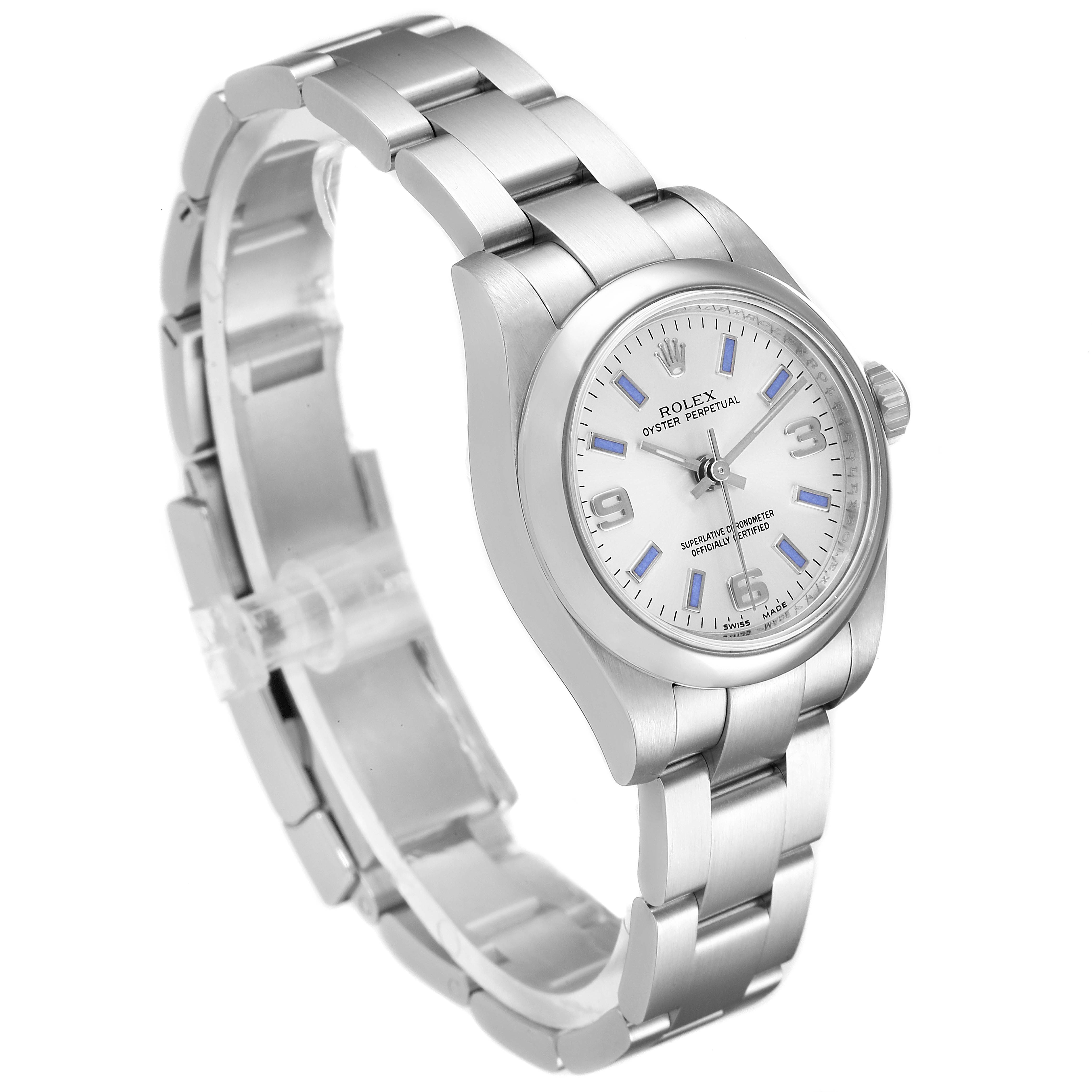 The Rolex Oyster Perpetual 176200 Women
s Stainless Steel Silver Dial 176200 Women
s Stainless Steel Silver Dial watch is shown at a three-quarter angle, displaying the face, bezel, crown, and bracelet.