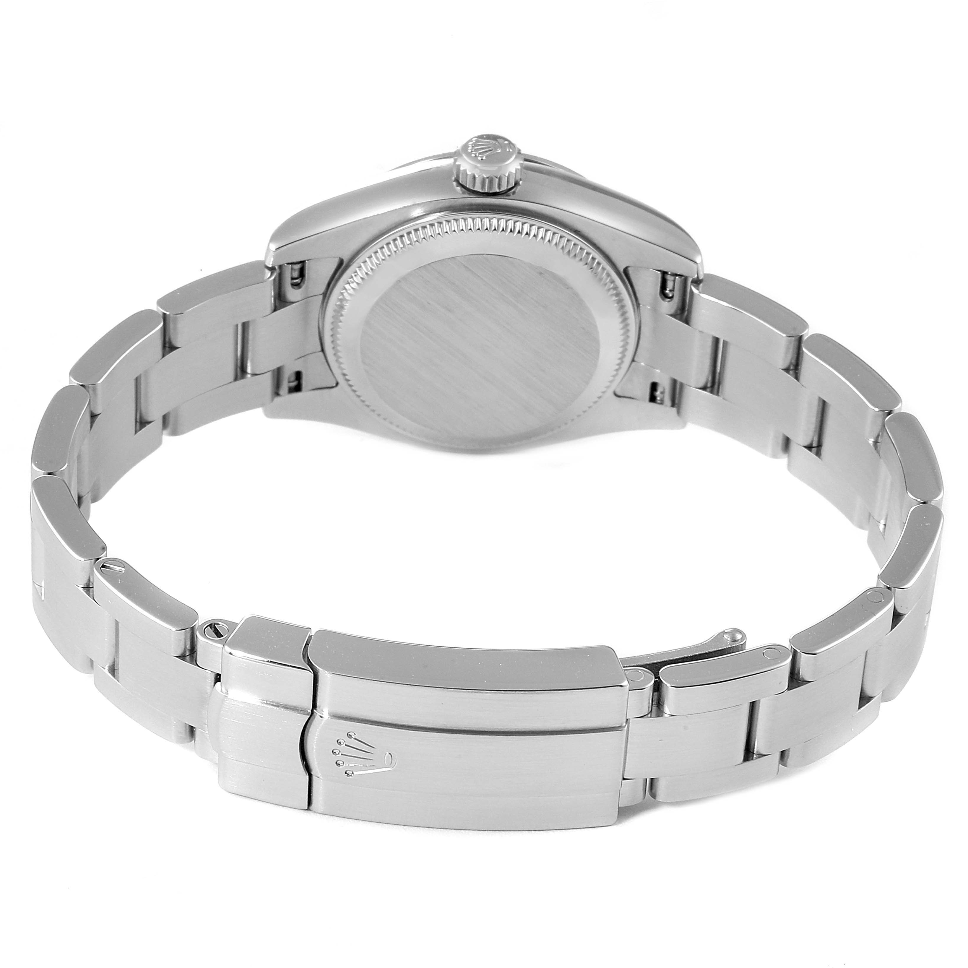 The image shows the back view of a Rolex Oyster Perpetual 176200 Women
s Stainless Steel Silver Dial 176200 Women
s Stainless Steel Silver Dial, highlighting its bracelet, clasp, and case back.