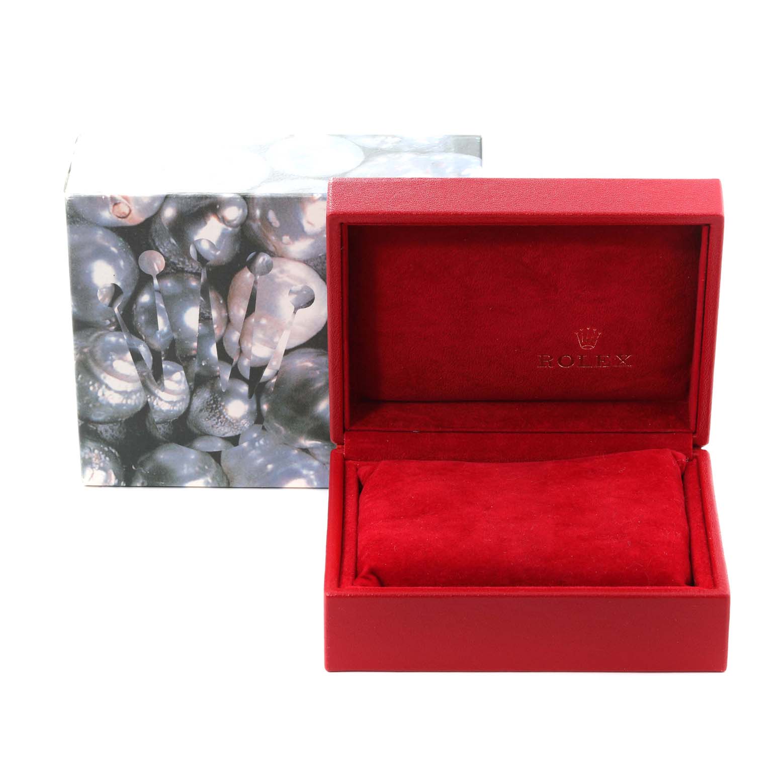 The image shows an open Rolex Oyster Perpetual 76080 Women
s Stainless Steel Blue Dial 76080 Women
s Stainless Steel Blue Dial watch box with red interior and a closed outer box with a pearl-like design.