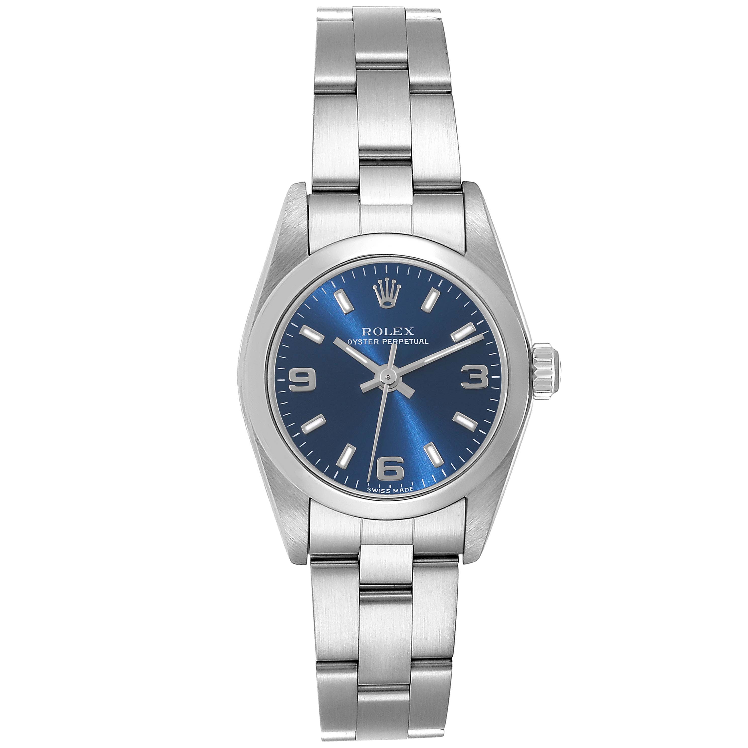 This image shows a Rolex Oyster Perpetual 76080 Women
s Stainless Steel Blue Dial 76080 Women
s Stainless Steel Blue Dial watch from a front angle, highlighting its blue dial, case, bracelet, and crown.
