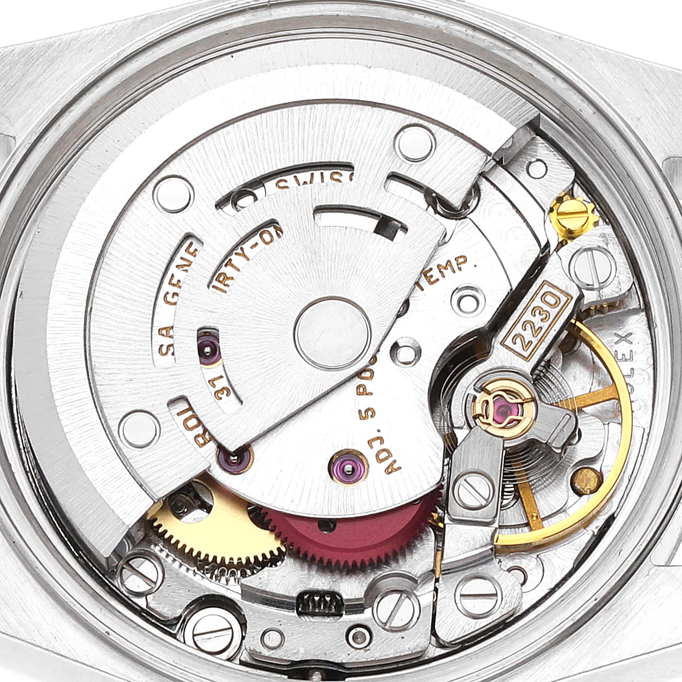 This is an internal view of the Rolex Oyster Perpetual 76080 Women
s Stainless Steel Blue Dial 76080 Women
s Stainless Steel Blue Dial watch showing its mechanical movement components.