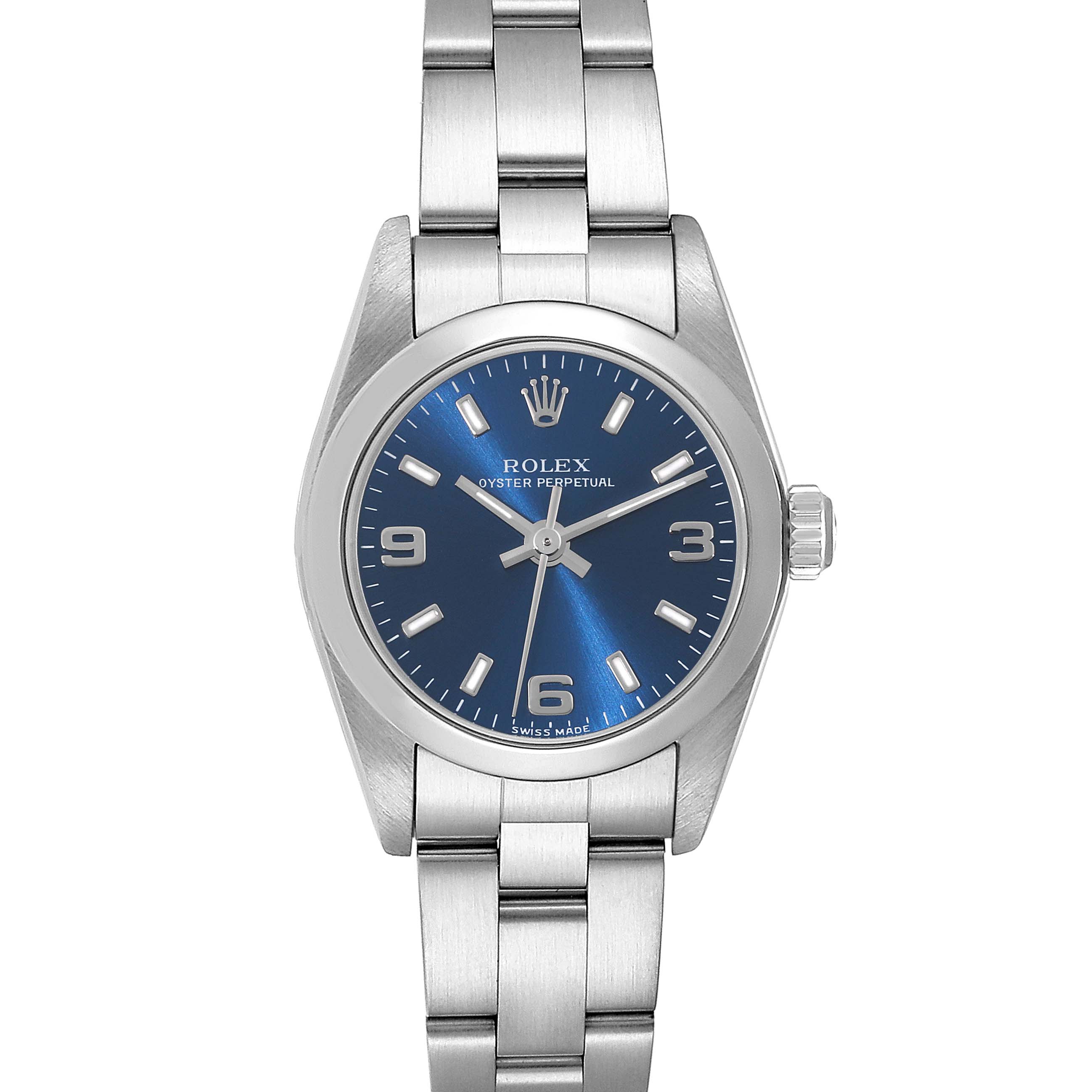 This is a front-facing view of a Rolex Oyster Perpetual 76080 Women
s Stainless Steel Blue Dial 76080 Women
s Stainless Steel Blue Dial watch, showing the face, bezel, and bracelet.