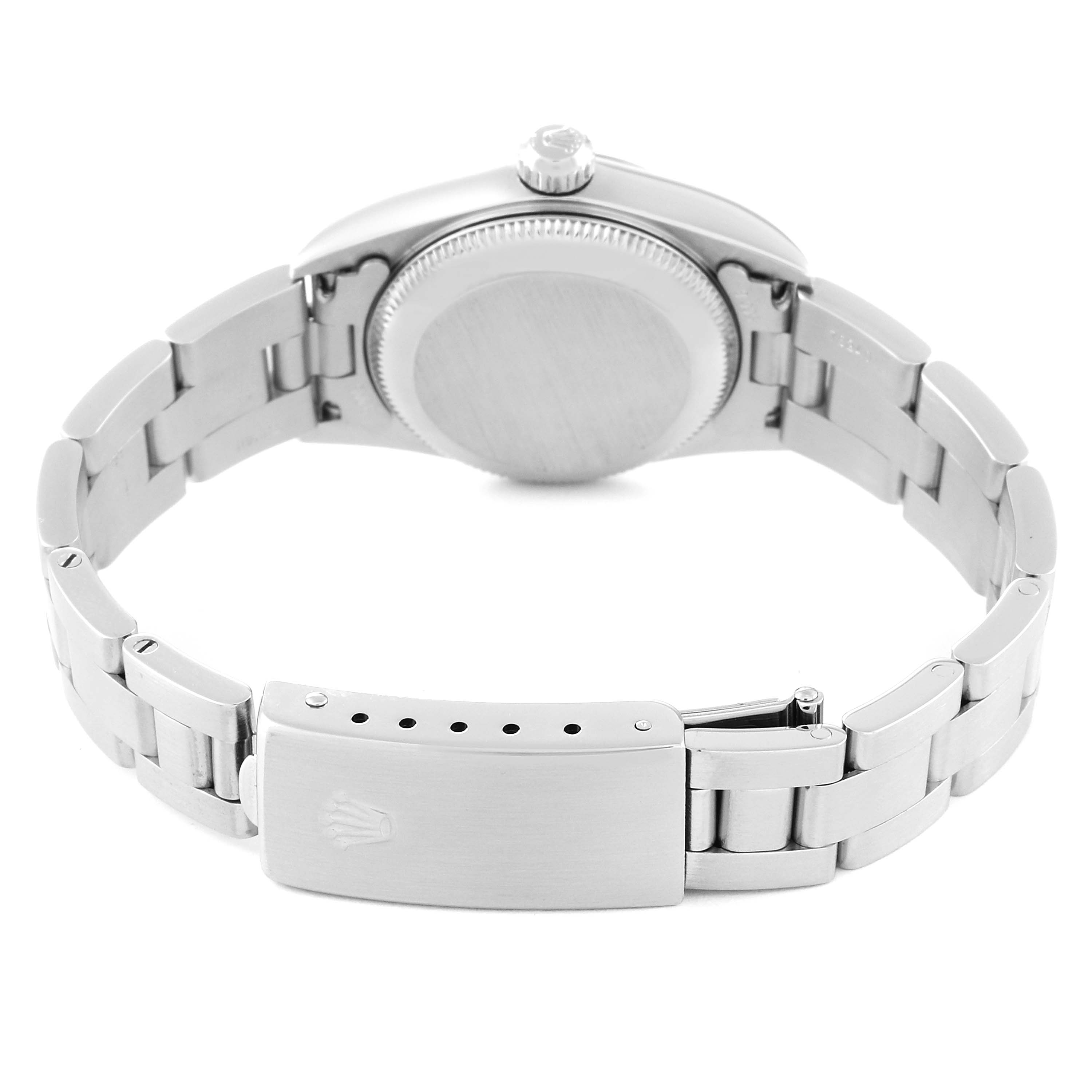 This image shows the back of a Rolex Oyster Perpetual 76080 Women
s Stainless Steel Blue Dial 76080 Women
s Stainless Steel Blue Dial watch, highlighting its metal bracelet, clasp, and case back.