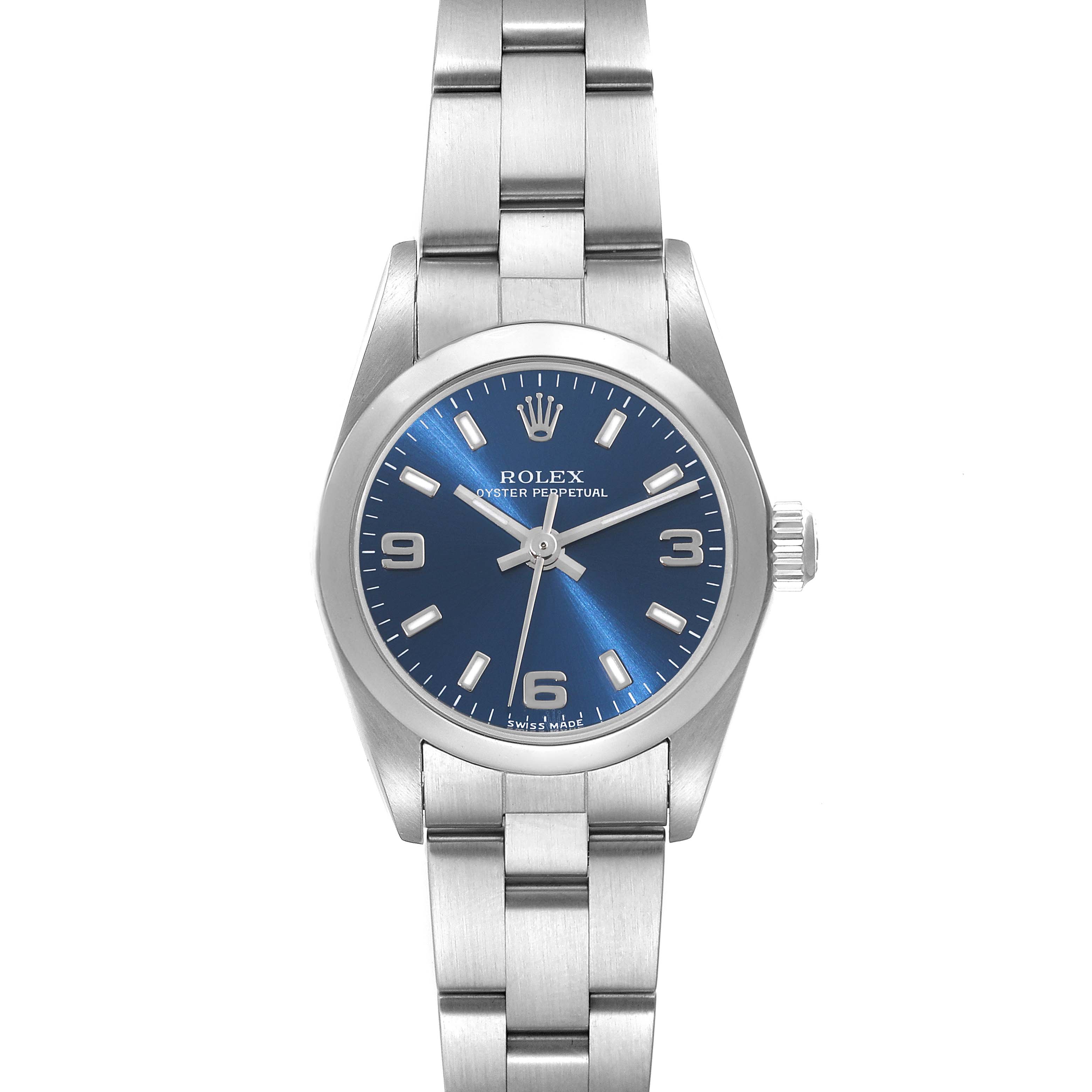 This image shows a front view of the Rolex Oyster Perpetual 76080 Women
s Stainless Steel Blue Dial 76080 Women
s Stainless Steel Blue Dial watch, highlighting its face and bracelet.