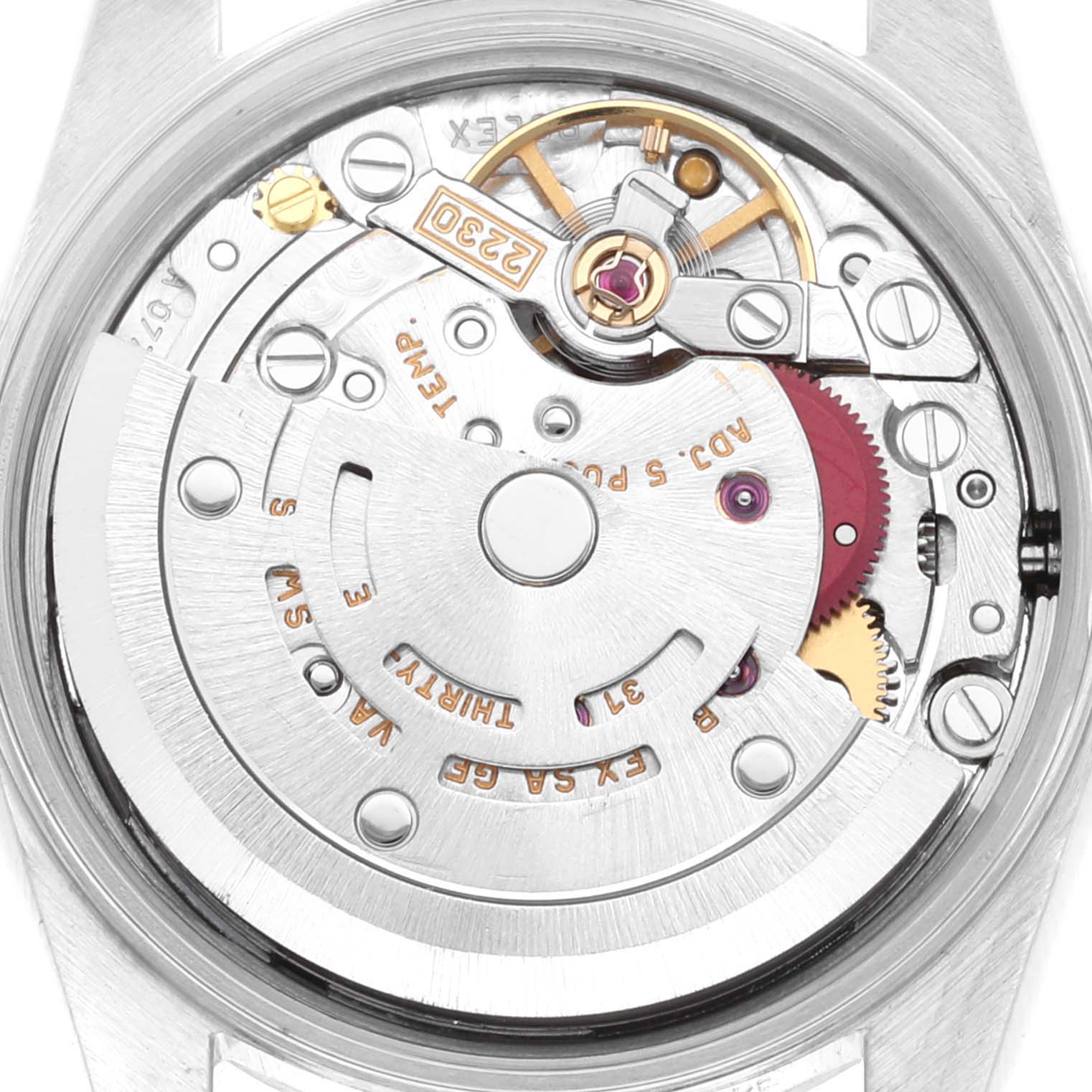 This image shows the movement from the back of a Rolex Oyster Perpetual 76080 Women
s Stainless Steel Blue Dial 76080 Women
s Stainless Steel Blue Dial watch, revealing its intricate inner mechanism.