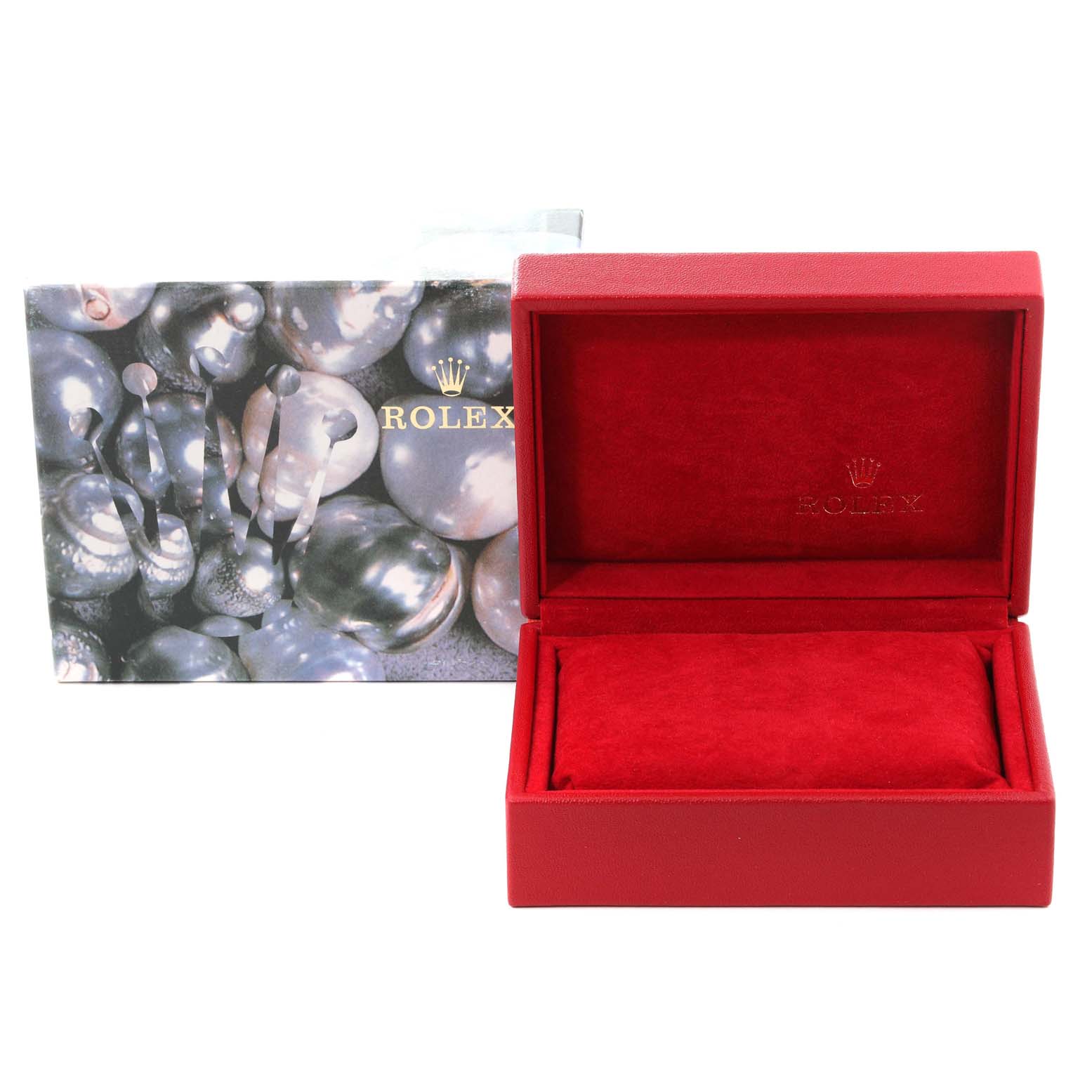 The image shows the red interior and exterior box of the Rolex Oyster Perpetual 76080 Women
s Stainless Steel Blue Dial 76080 Women
s Stainless Steel Blue Dial model, including its protective outer box.