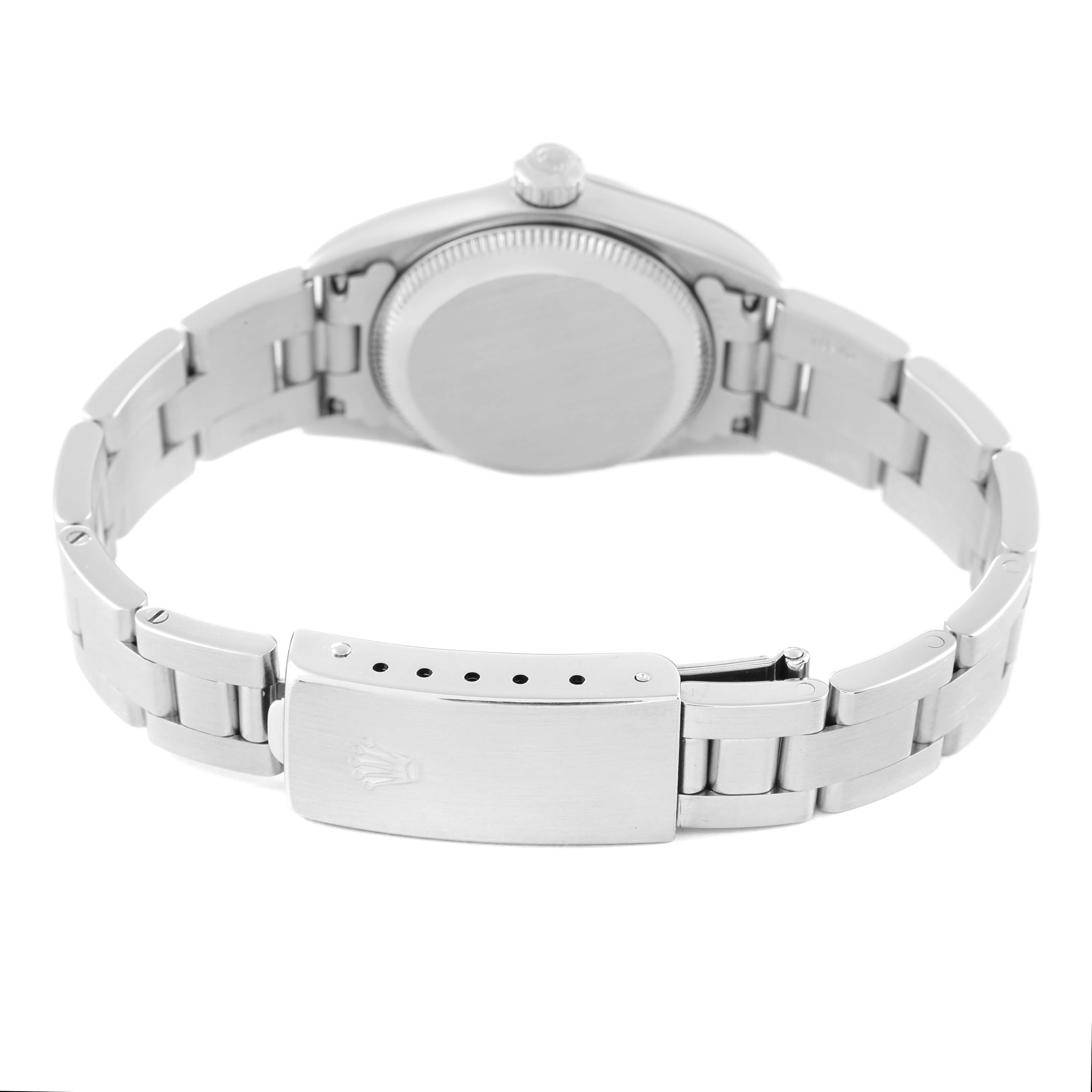 This image shows the back of the Rolex Oyster Perpetual 76030 Women
s Stainless Steel Pink Dial 76030 Women
s Stainless Steel Pink Dial watch, highlighting the clasp and bracelet with the case back visible.