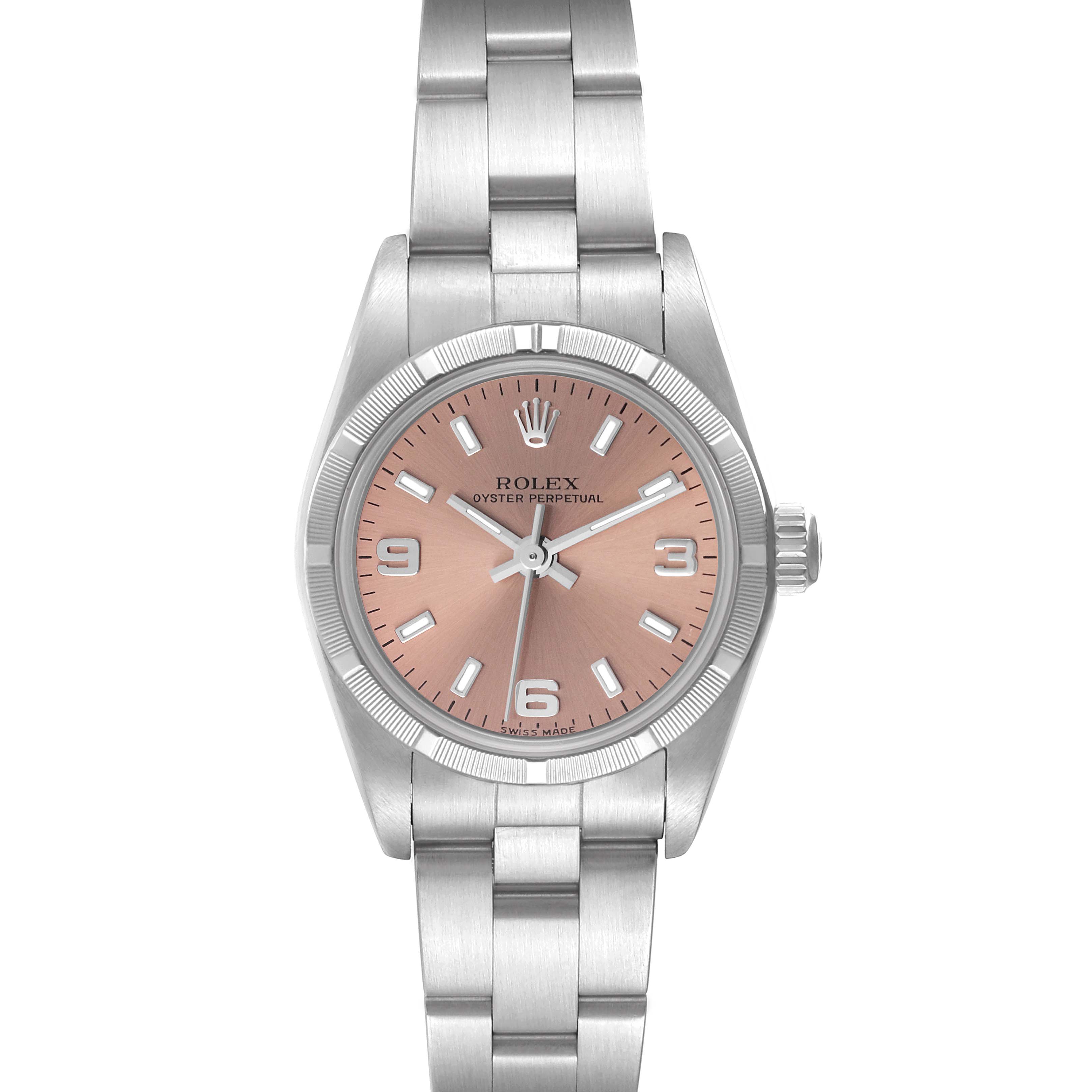 The Rolex Oyster Perpetual 76030 Women
s Stainless Steel Pink Dial 76030 Women
s Stainless Steel Pink Dial watch is shown from a front angle, displaying its dial, case, and part of the bracelet.