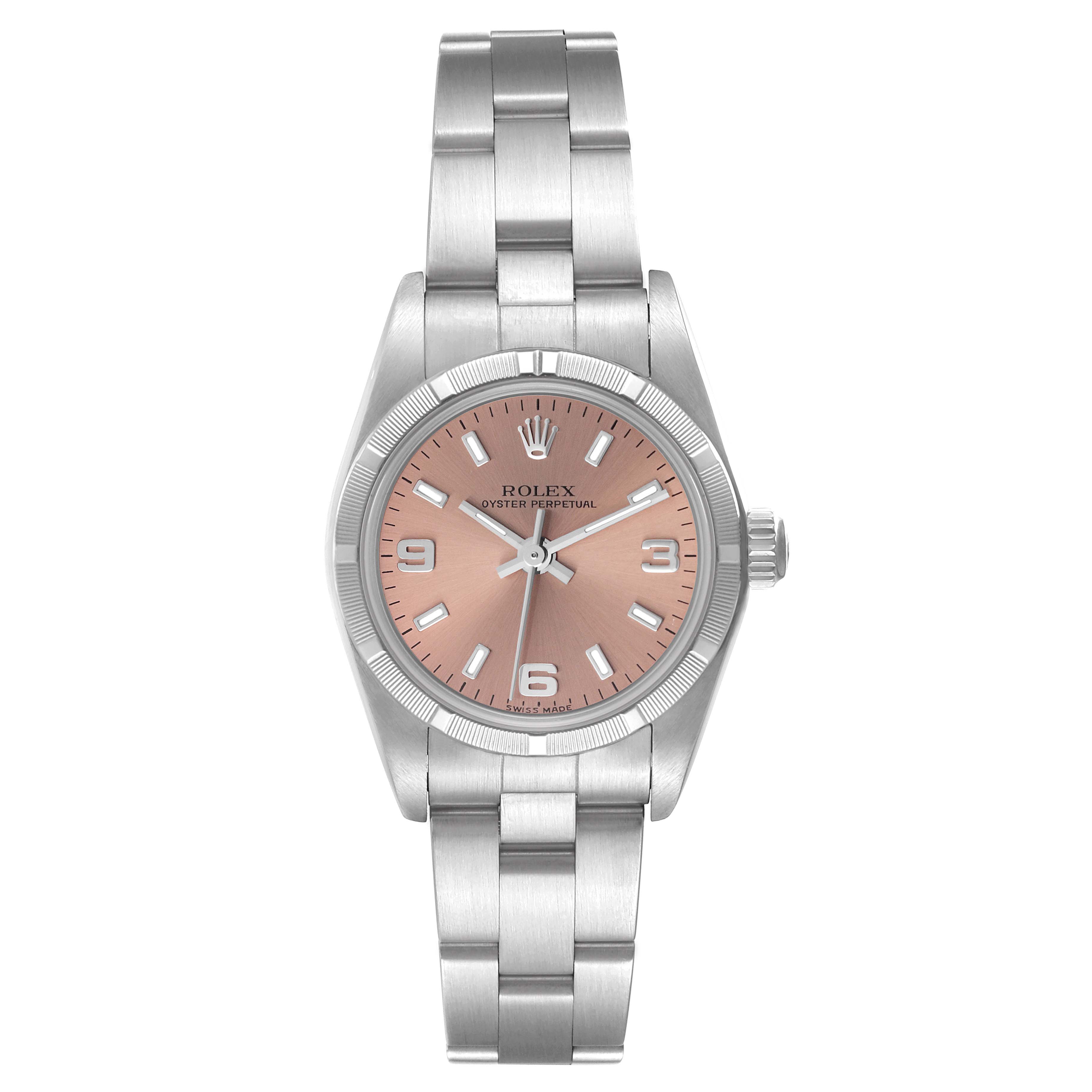The image shows a Rolex Oyster Perpetual 76030 Women
s Stainless Steel Pink Dial 76030 Women
s Stainless Steel Pink Dial watch from a front angle, displaying the face, bezel, lugs, and bracelet.