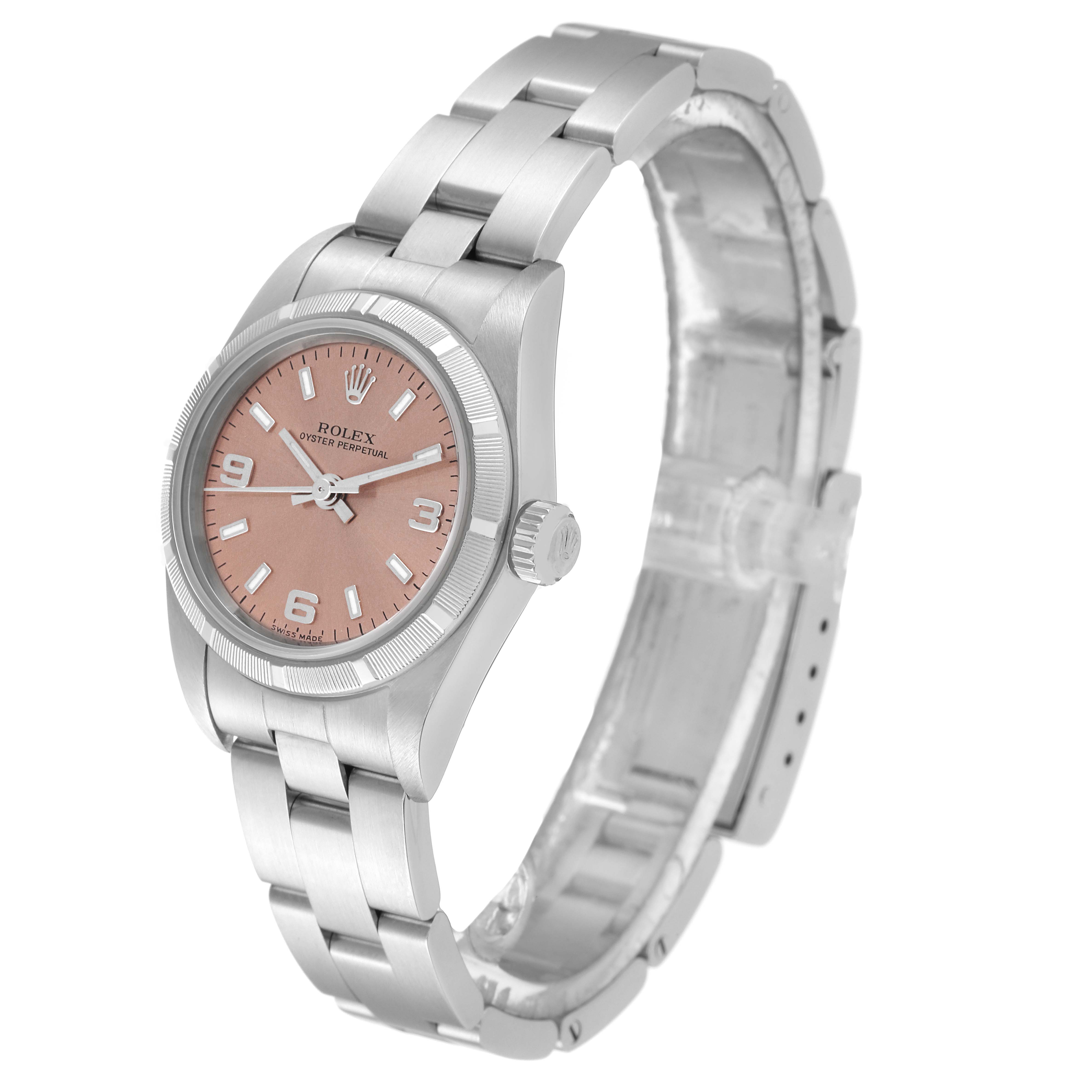 This image shows a Rolex Oyster Perpetual 76030 Women
s Stainless Steel Pink Dial 76030 Women
s Stainless Steel Pink Dial watch at a slight angle, highlighting the face, bracelet, bezel, and crown.