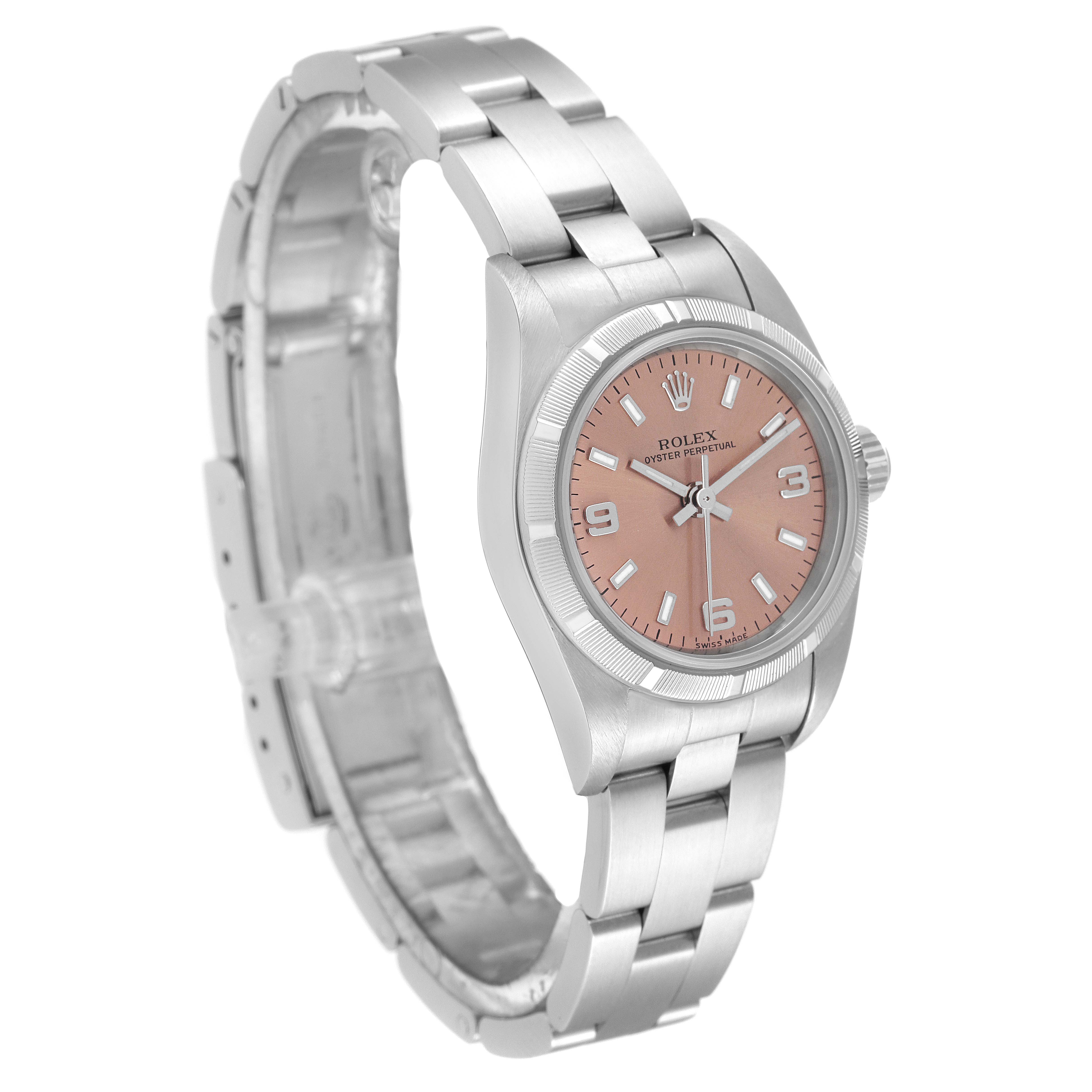 This image shows a side angle of a Rolex Oyster Perpetual 76030 Women
s Stainless Steel Pink Dial 76030 Women
s Stainless Steel Pink Dial watch, highlighting its bracelet, case, and pink dial.