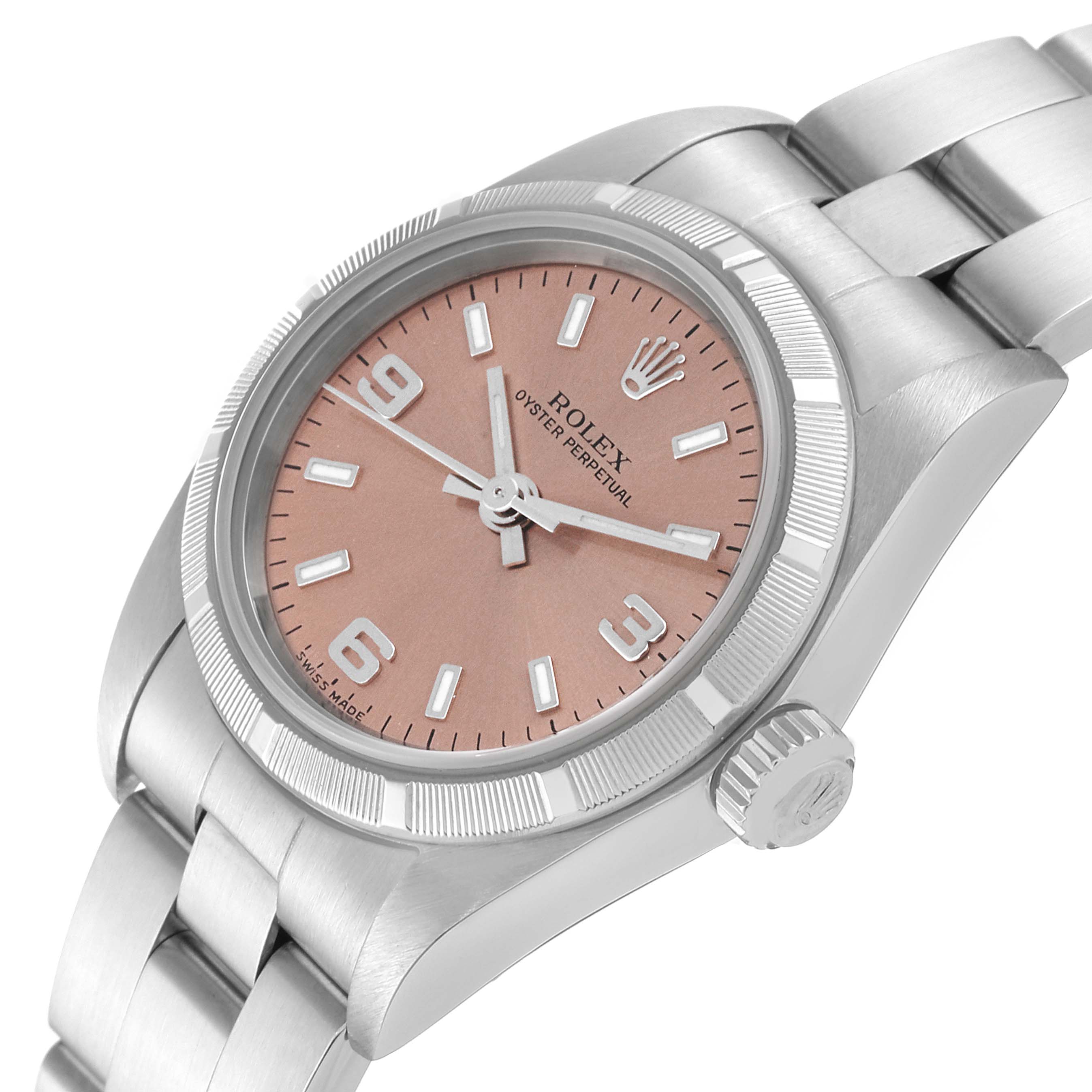 The image shows a Rolex Oyster Perpetual 76030 Women
s Stainless Steel Pink Dial 76030 Women
s Stainless Steel Pink Dial watch at a slight angle, highlighting the dial, bezel, crown, and bracelet.