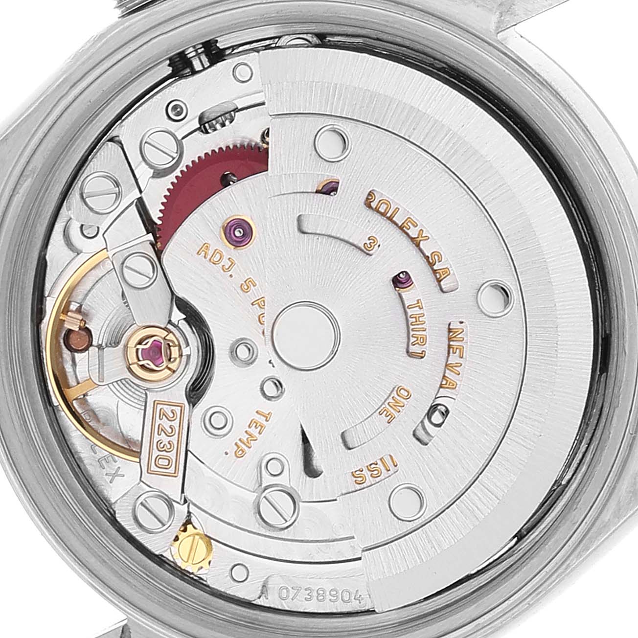 This image shows the movement and intricate internal mechanism of a Rolex Oyster Perpetual 76030 Women
s Stainless Steel Pink Dial 76030 Women
s Stainless Steel Pink Dial watch from a detailed, close-up angle.