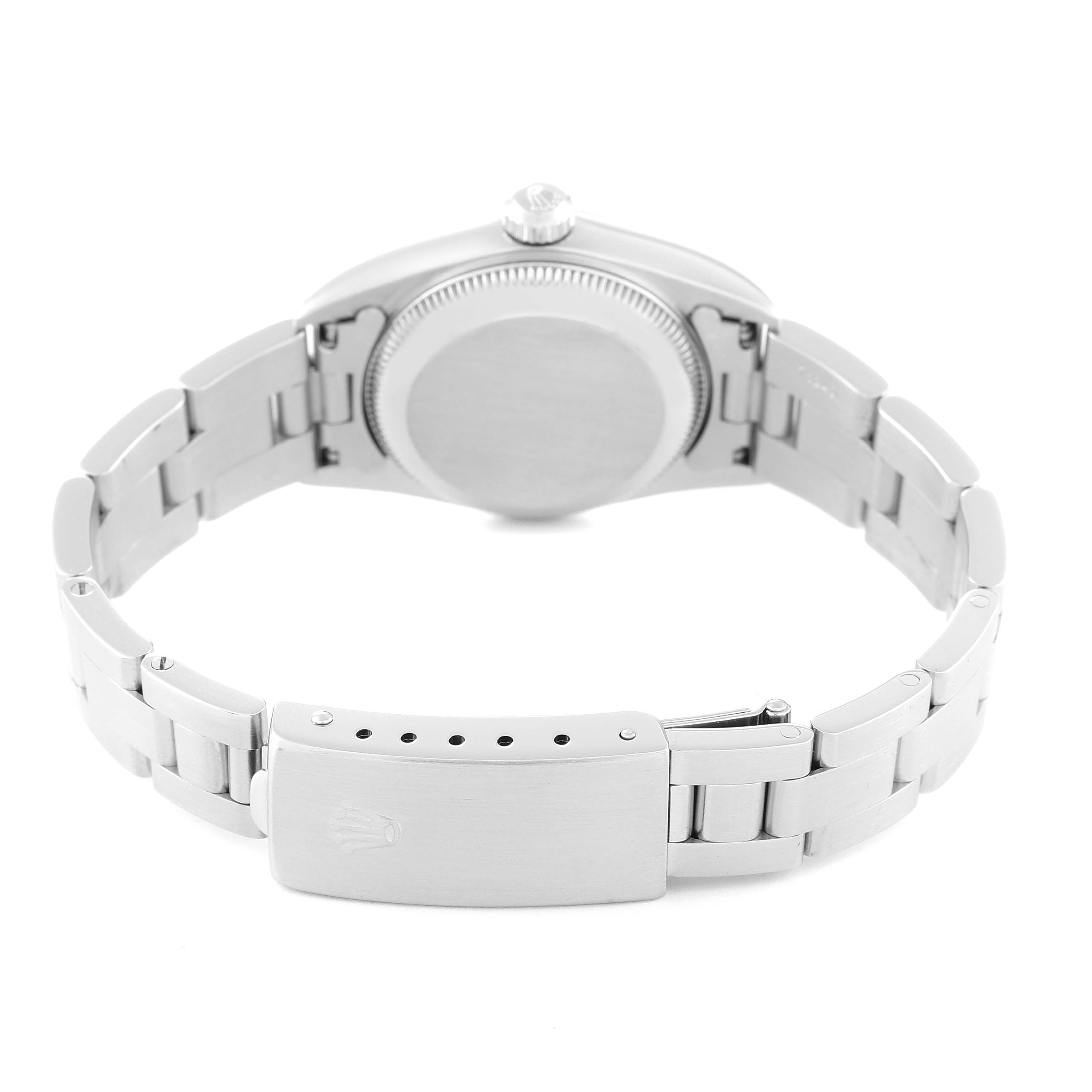 The image shows the back case and bracelet clasp of a Rolex Oyster Perpetual 76080 Women's Stainless Steel Pink Dial 76080 Women's Stainless Steel Pink Dial watch.