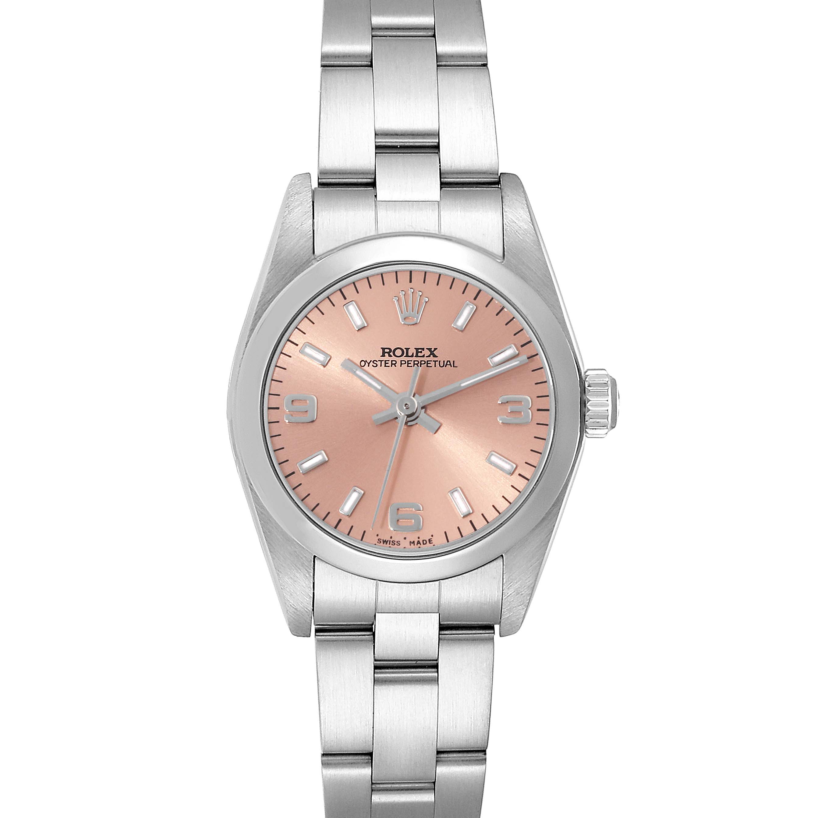 This is a front view of a Rolex Oyster Perpetual 76080 Women's Stainless Steel Pink Dial 76080 Women's Stainless Steel Pink Dial watch, showing the full dial, bracelet, and crown.