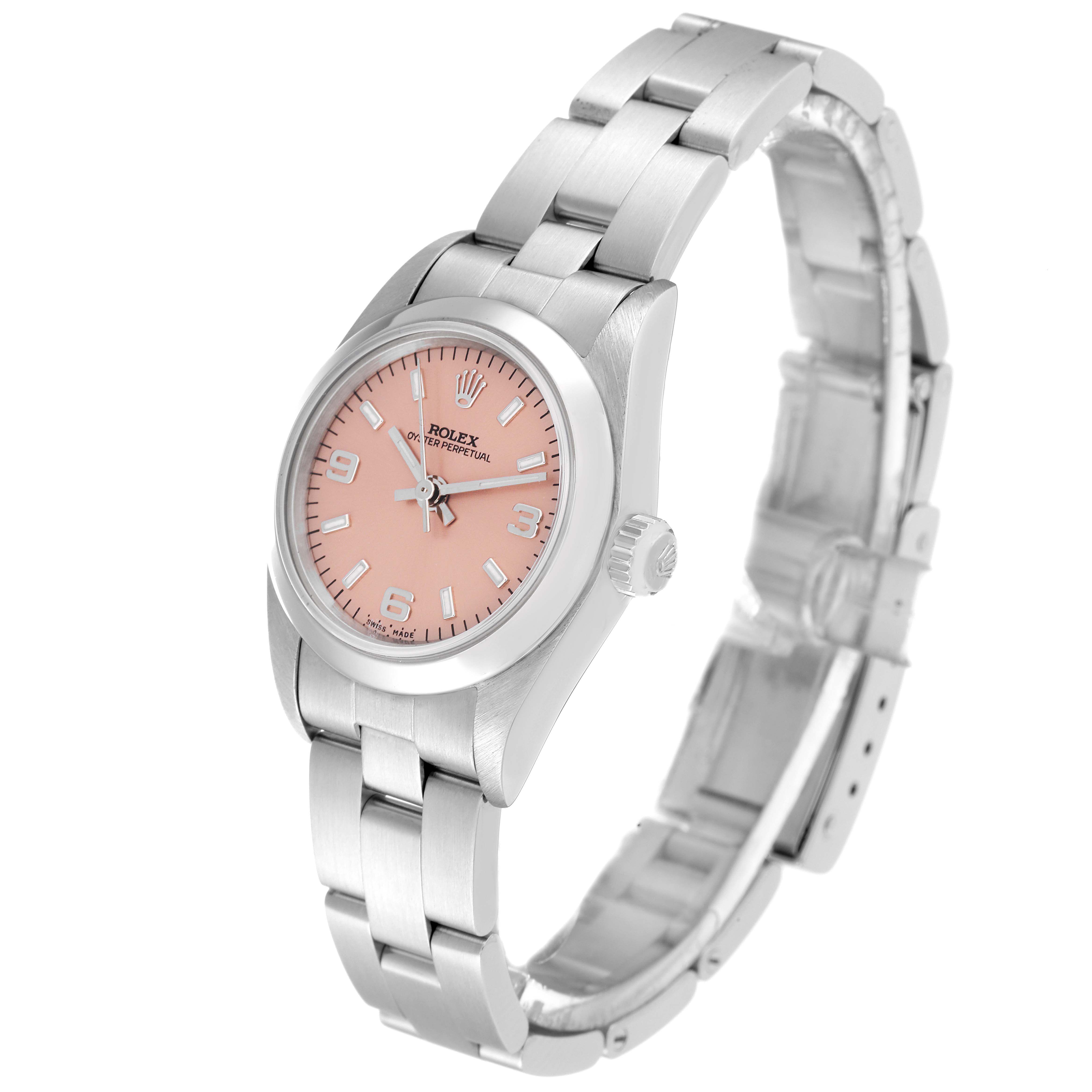 The image shows a Rolex Oyster Perpetual 76080 Women's Stainless Steel Pink Dial 76080 Women's Stainless Steel Pink Dial watch from an angled side view, highlighting the pink dial and stainless steel bracelet.