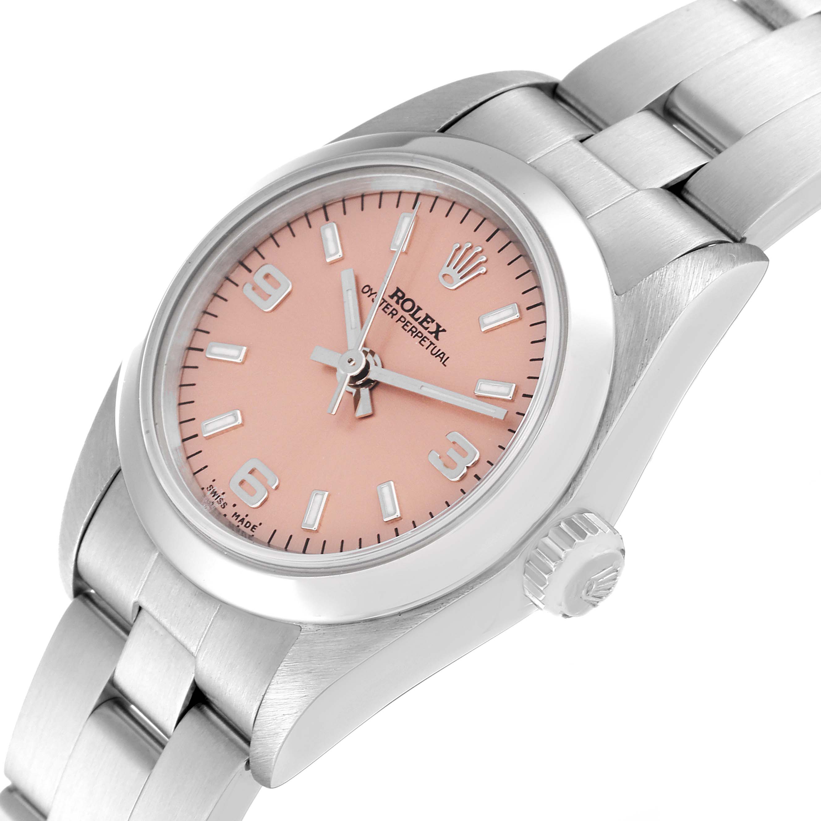 The image shows a Rolex Oyster Perpetual 76080 Women's Stainless Steel Pink Dial 76080 Women's Stainless Steel Pink Dial watch from a three-quarter angle, highlighting its pink dial, crown, and stainless steel bracelet.