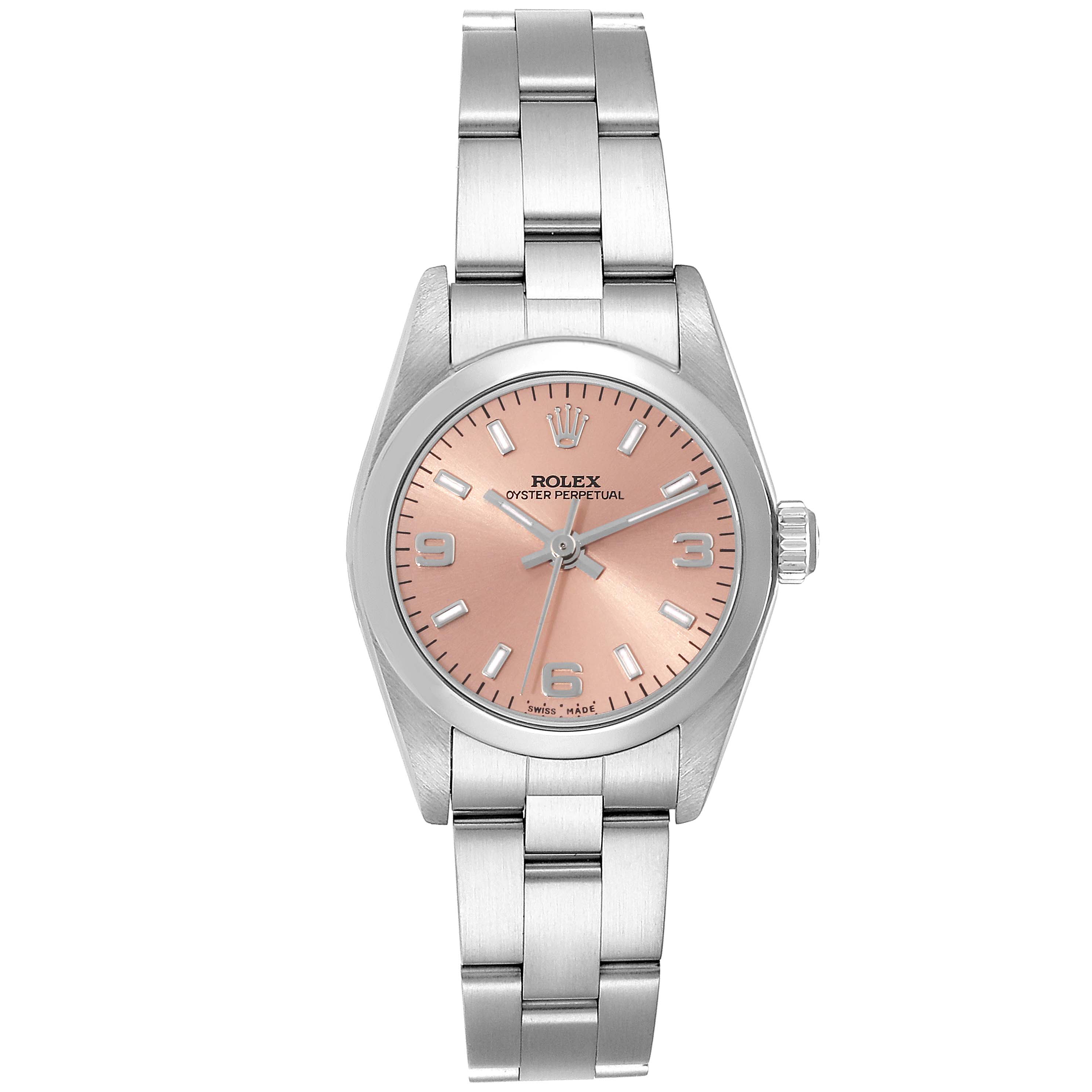 The image shows a Rolex Oyster Perpetual 76080 Women's Stainless Steel Pink Dial 76080 Women's Stainless Steel Pink Dial watch from a top-down angle, featuring the dial, hands, bracelet, and crown.