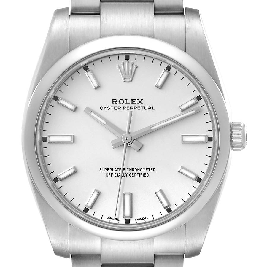 Rolex Oyster Perpetual White Dial Smooth Bezel Steel Mens Watch 114200 Box Card SwissWatchExpo