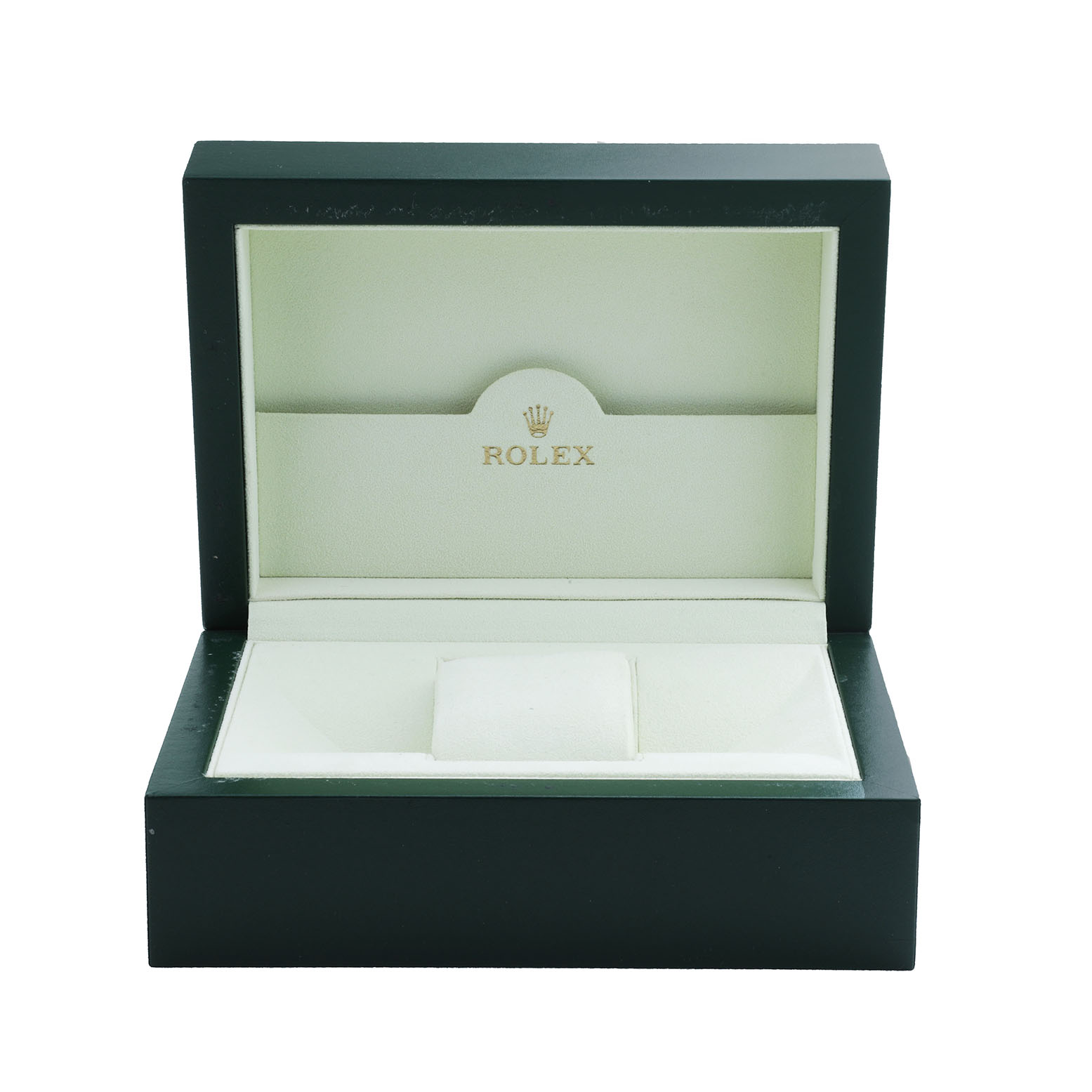 The image shows an open Rolex Oyster Perpetual 116034 Men's Stainless Steel Black Dial watch box from a front angle.