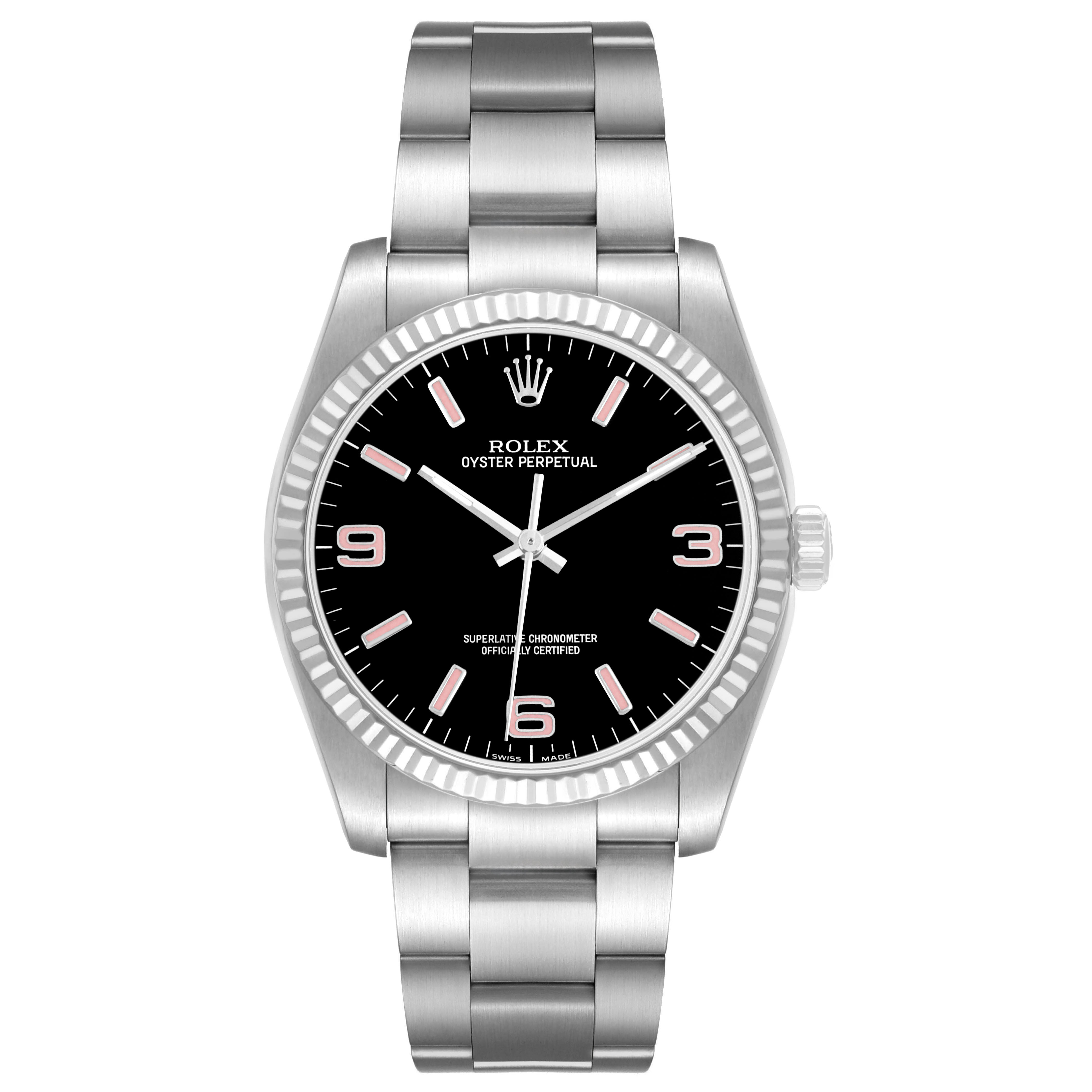 The Rolex Oyster Perpetual 116034 Men's Stainless Steel Black Dial watch is shown face-on, displaying its dial, bezel, case, and bracelet.
