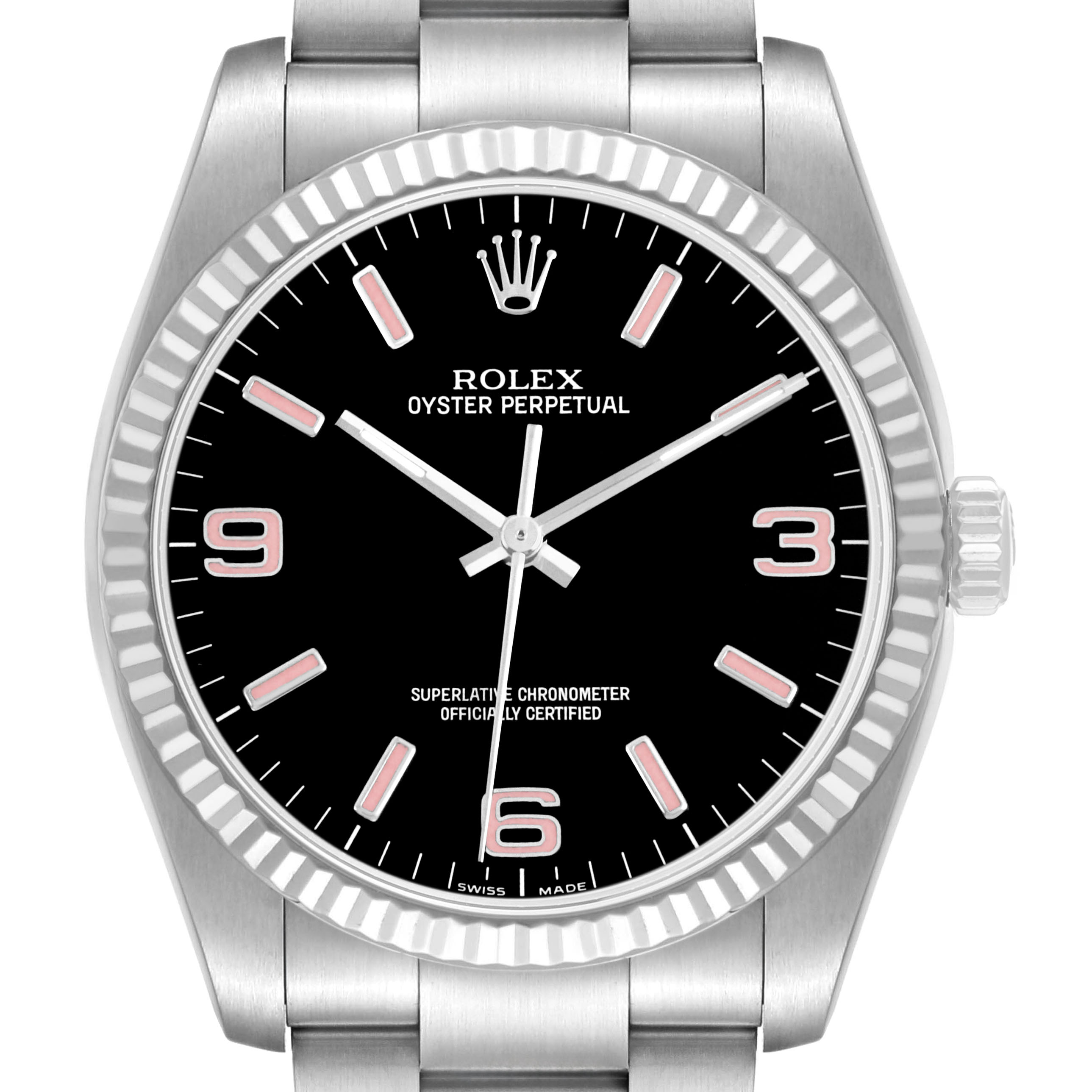 The Rolex Oyster Perpetual 116034 Men's Stainless Steel Black Dial watch is shown from the front, displaying the dial, bezel, crown, and part of the bracelet.