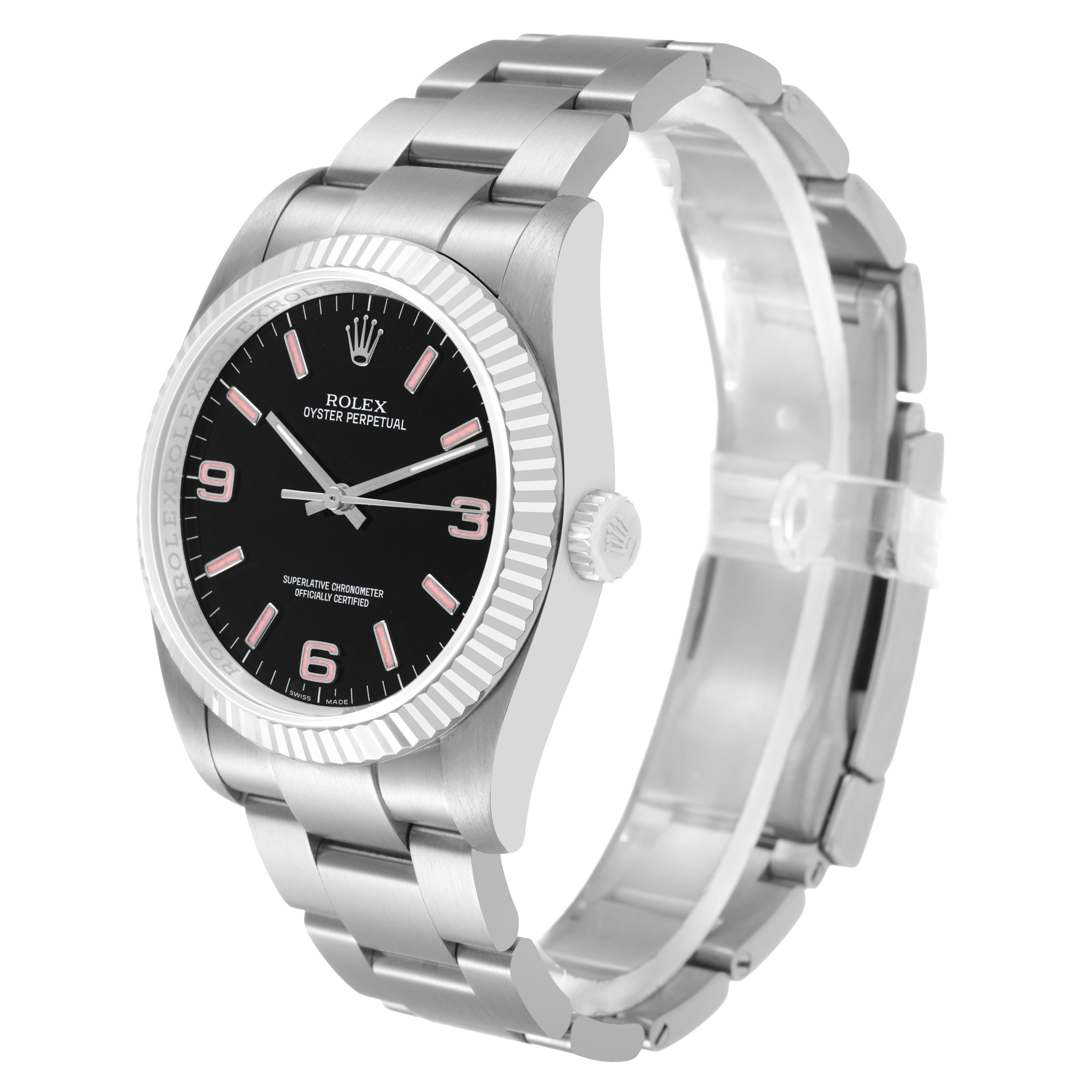 The Rolex Oyster Perpetual 116034 Men's Stainless Steel Black Dial watch is shown at a three-quarter angle, highlighting the face, bezel, and bracelet.