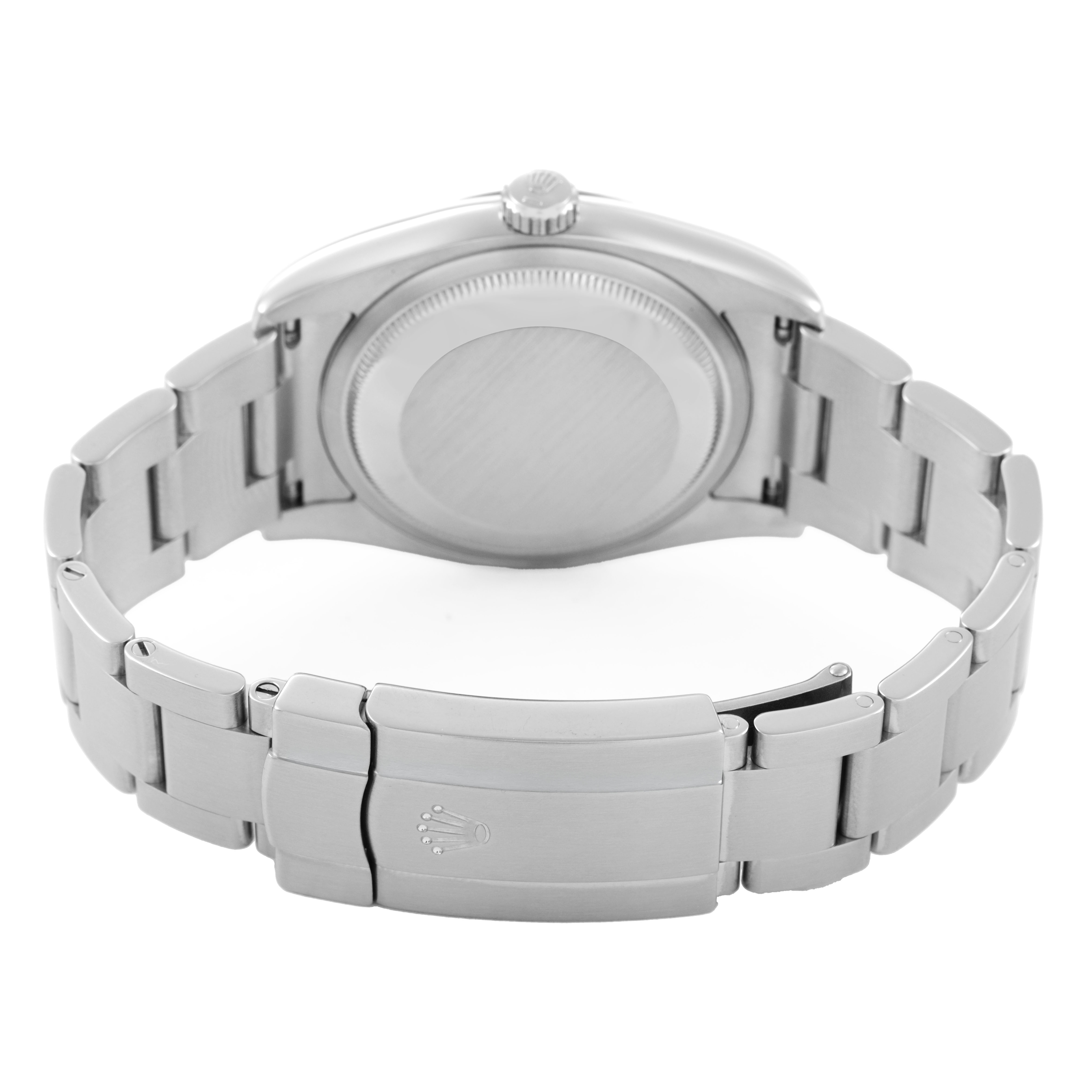 The image shows the back of the Rolex Oyster Perpetual 116034 Men's Stainless Steel Black Dial watch, highlighting the bracelet and clasp.