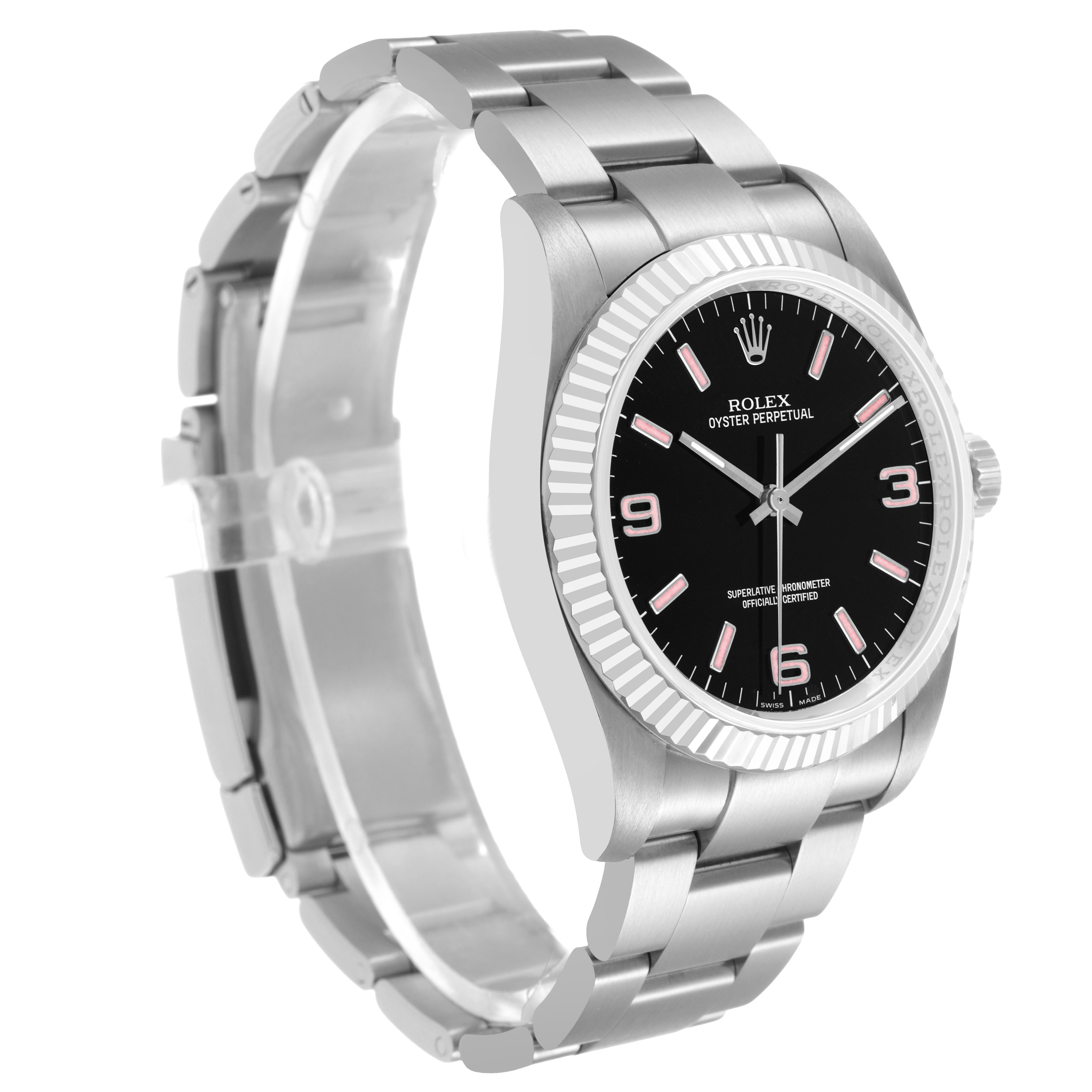 The Rolex Oyster Perpetual 116034 Men's Stainless Steel Black Dial watch is shown from a three-quarter angle, highlighting the face, bezel, and bracelet.