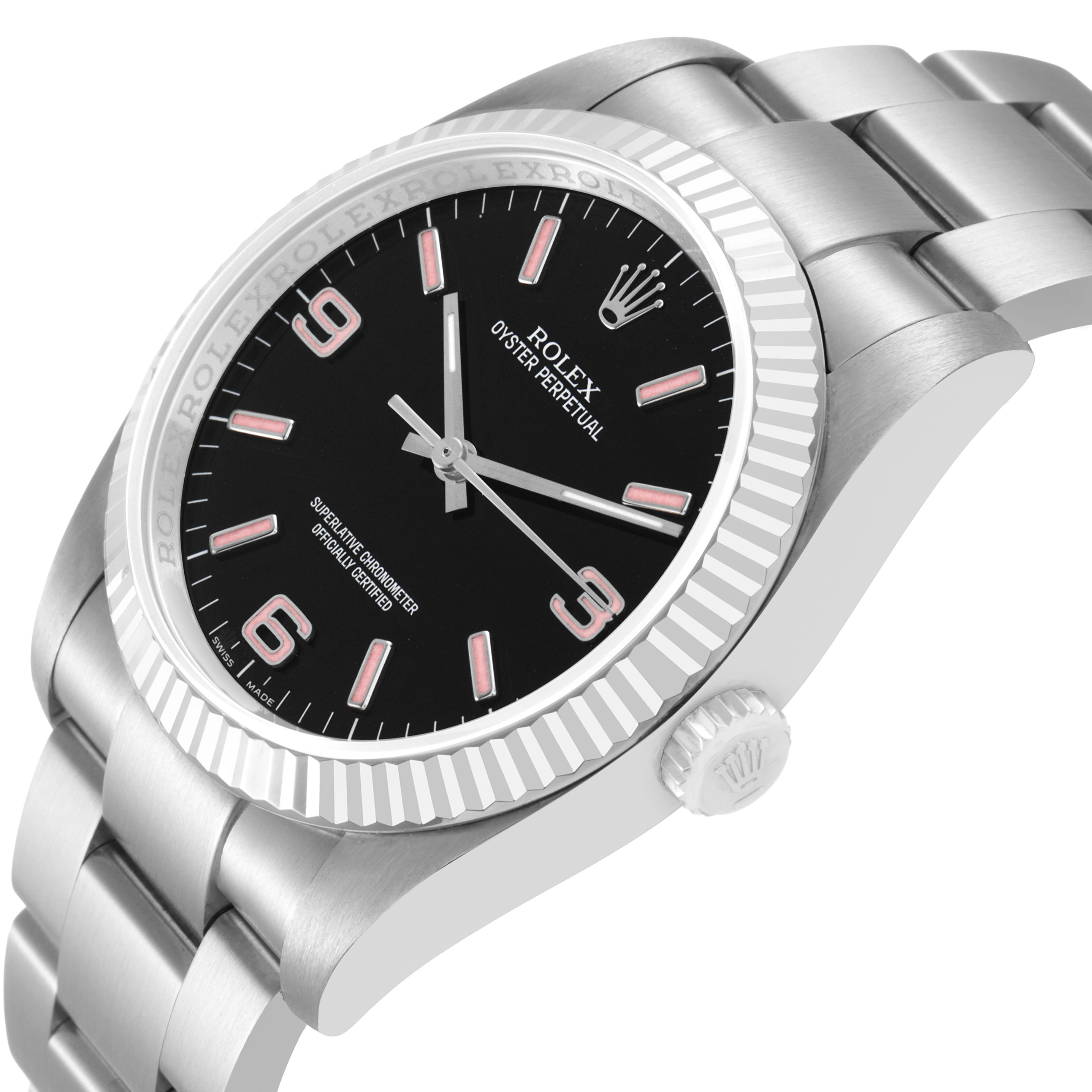 The Rolex Oyster Perpetual 116034 Men's Stainless Steel Black Dial watch is shown from a three-quarter angle, displaying the face, bezel, crown, and bracelet.