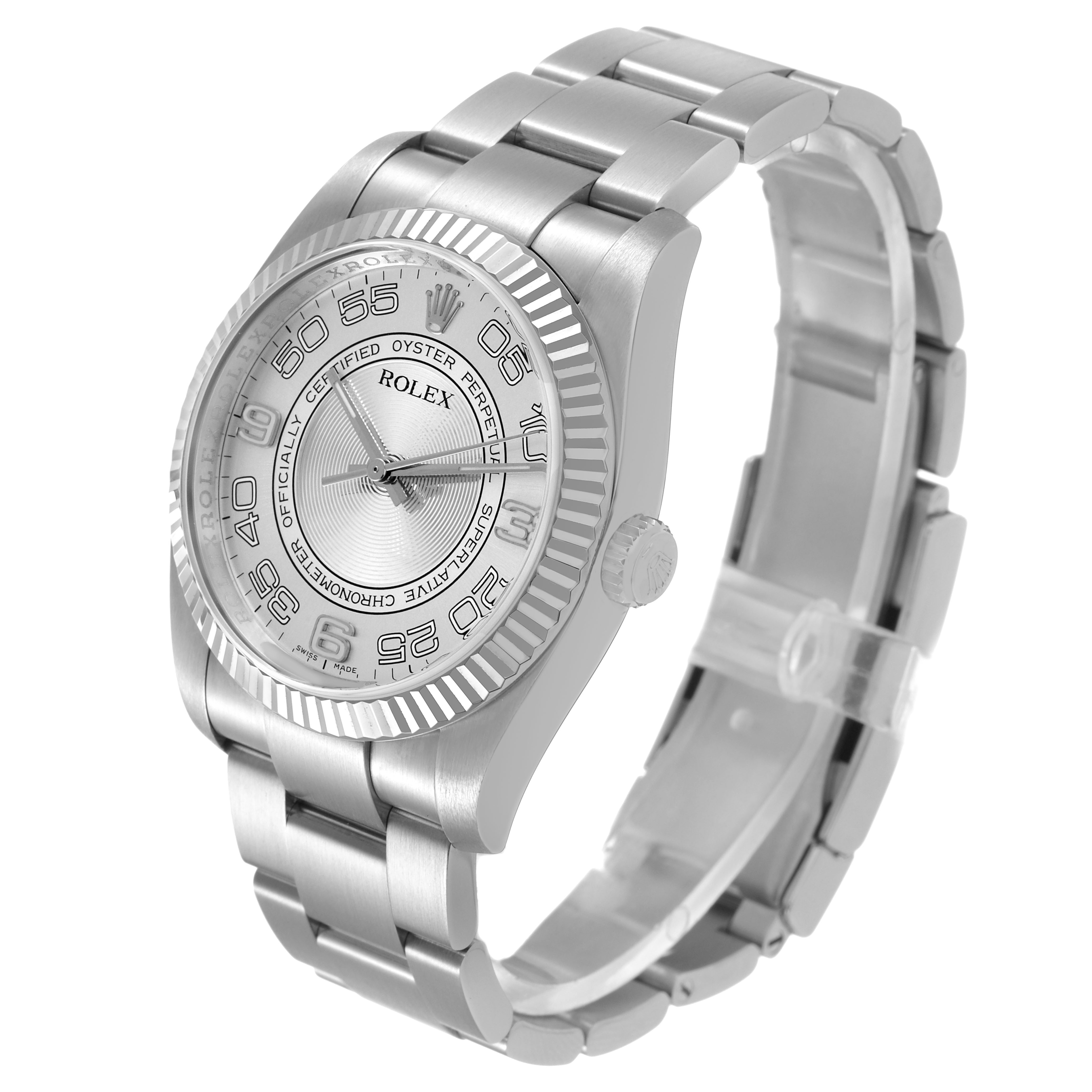 The Rolex Oyster Perpetual 116034 Men's Stainless Steel Silver Dial watch is shown at a three-quarter angle, highlighting the case, dial, and bracelet.
