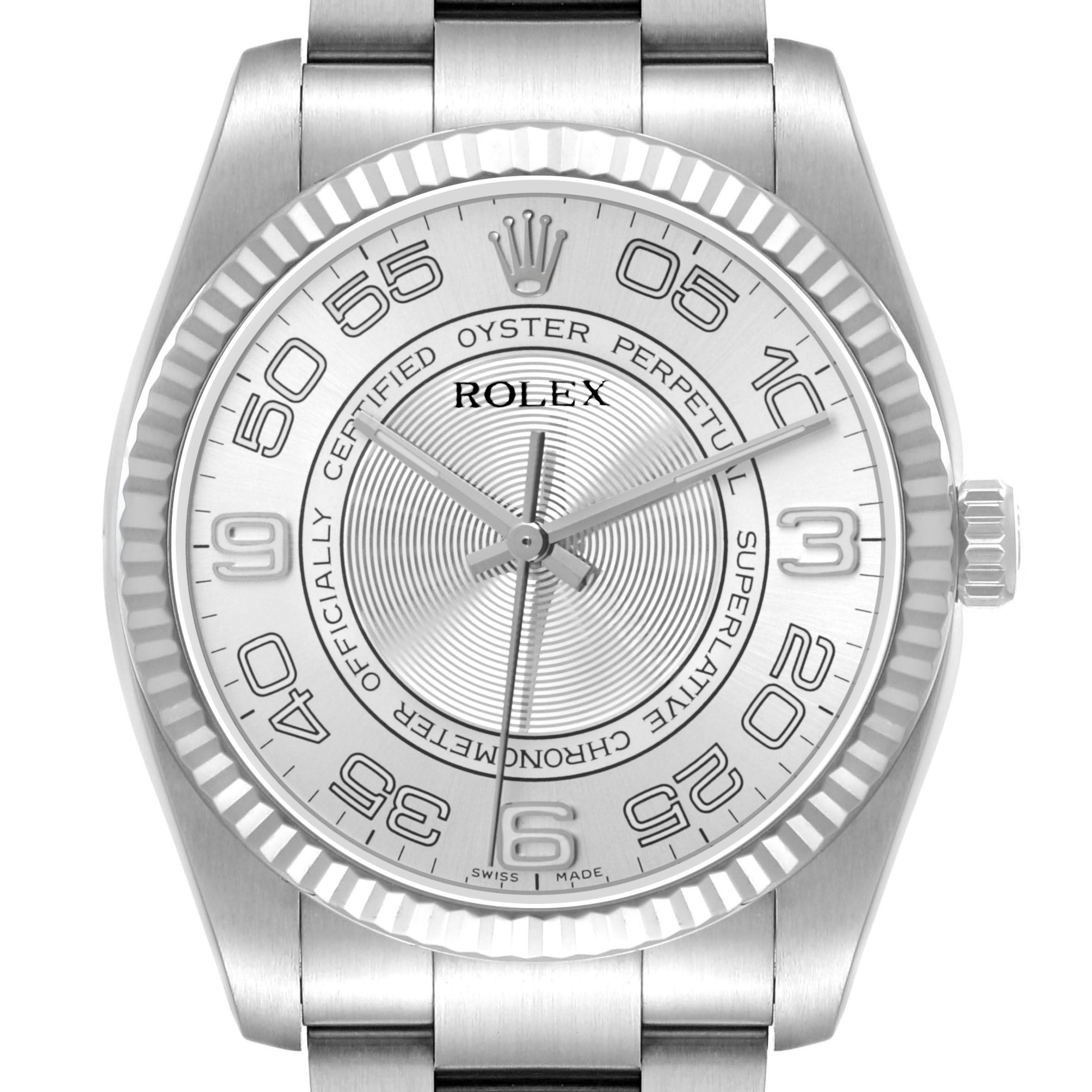 The Rolex Oyster Perpetual 116034 Men's Stainless Steel Silver Dial watch is shown from a front angle, highlighting its dial, bezel, and crown.