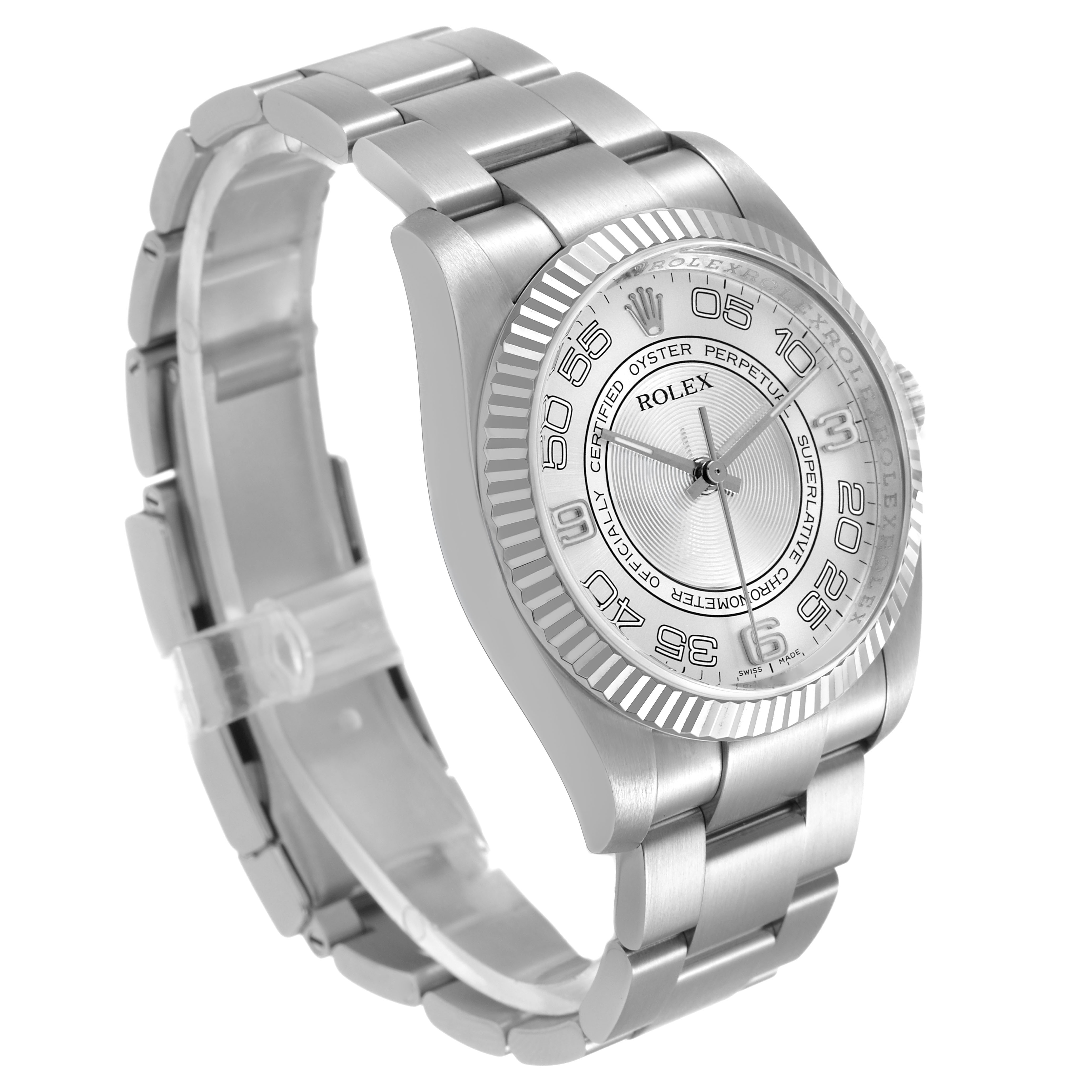 The Rolex Oyster Perpetual 116034 Men's Stainless Steel Silver Dial watch is shown at a three-quarter angle, featuring its dial, bezel, and partially extended bracelet.