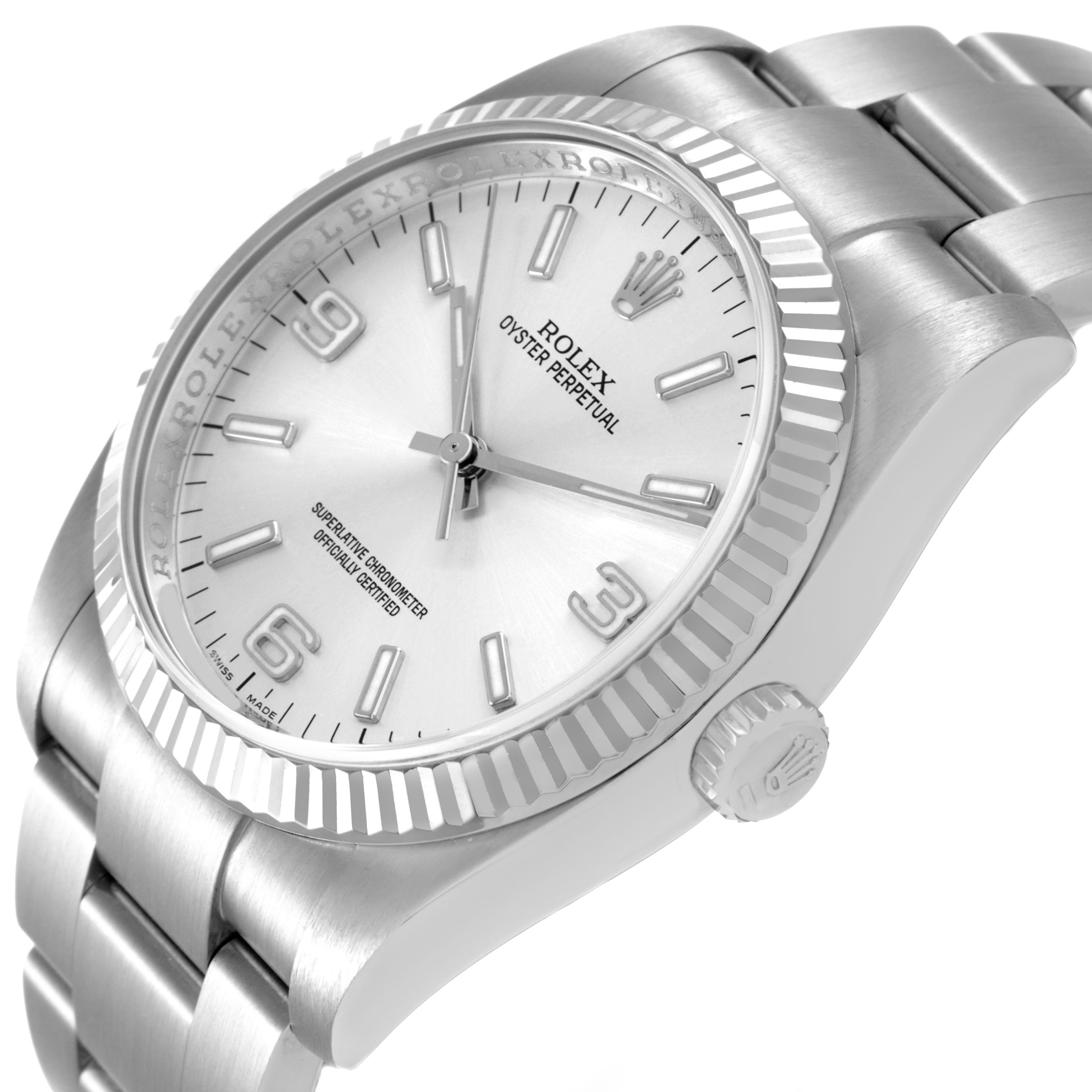 The Rolex Oyster Perpetual 116034 Men's Stainless Steel Silver Dial watch is shown at an oblique angle, displaying its face, bezel, crown, and bracelet.