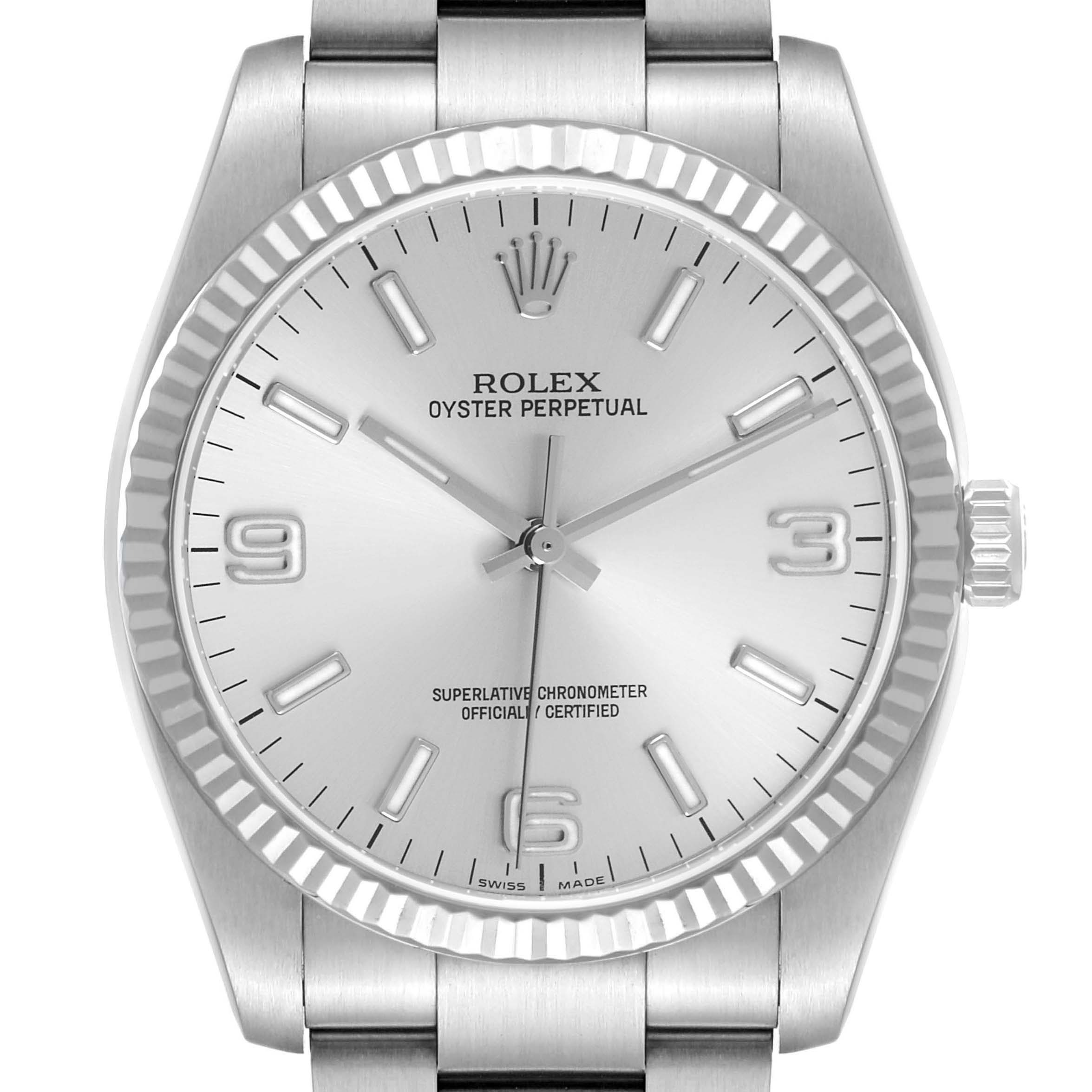 The Rolex Oyster Perpetual 116034 Men's Stainless Steel Silver Dial watch is shown from a front angle, displaying its dial, bezel, crown, and part of the bracelet.
