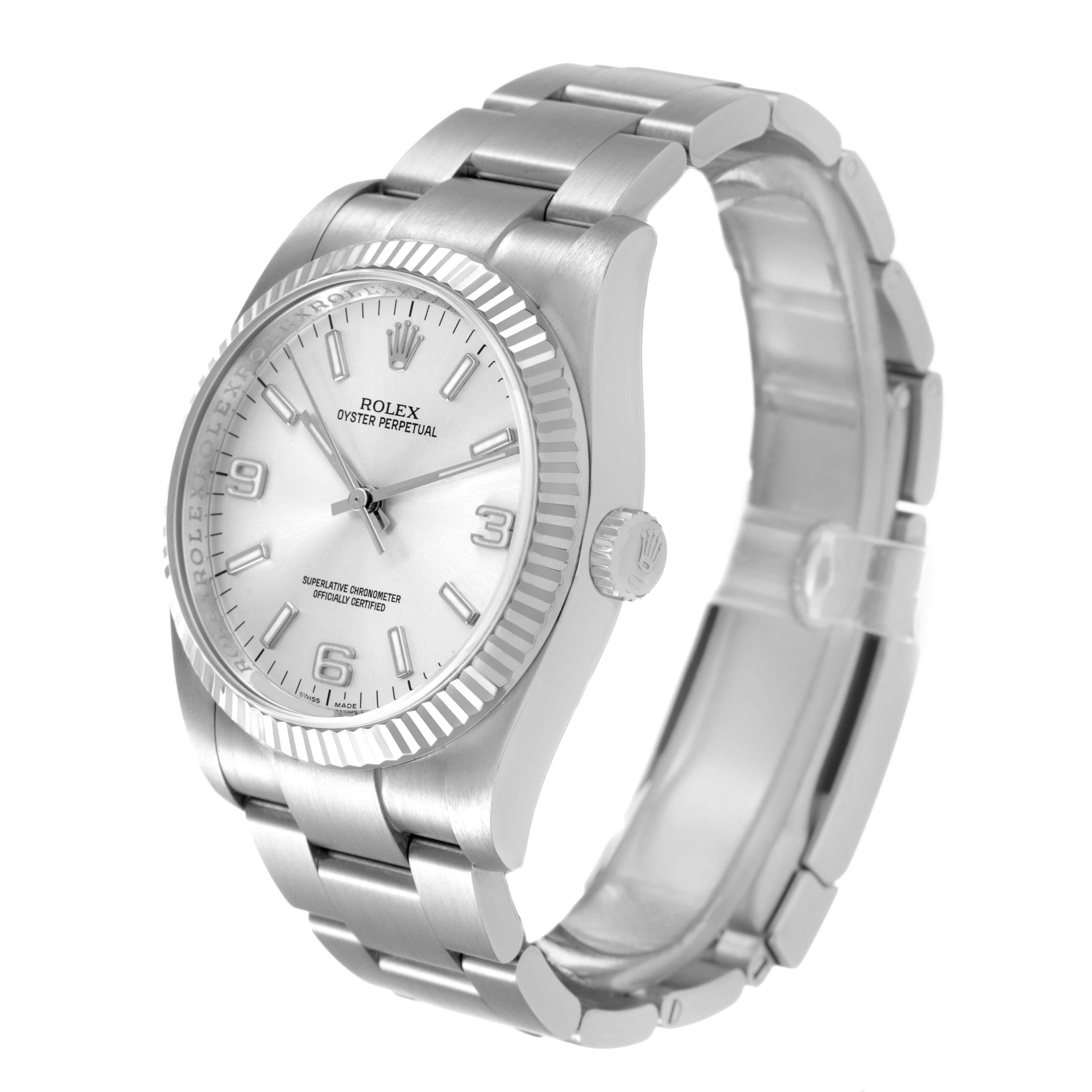 The Rolex Oyster Perpetual 116034 Men's Stainless Steel Silver Dial watch is shown at a slight side angle, displaying the face, bezel, crown, and bracelet clearly.