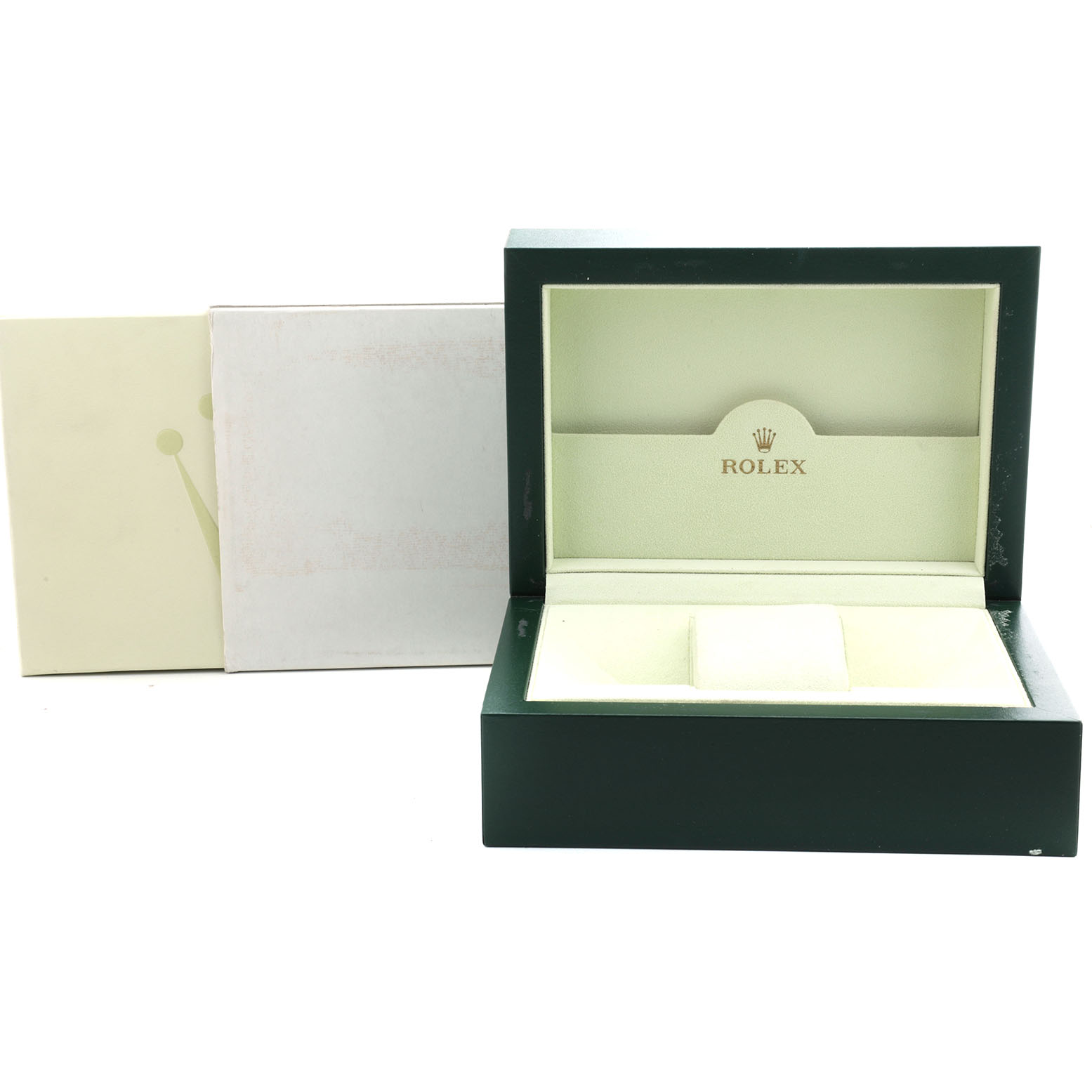 The image shows an open Rolex box for an Oyster Perpetual watch, viewed from the front with inner compartments visible.