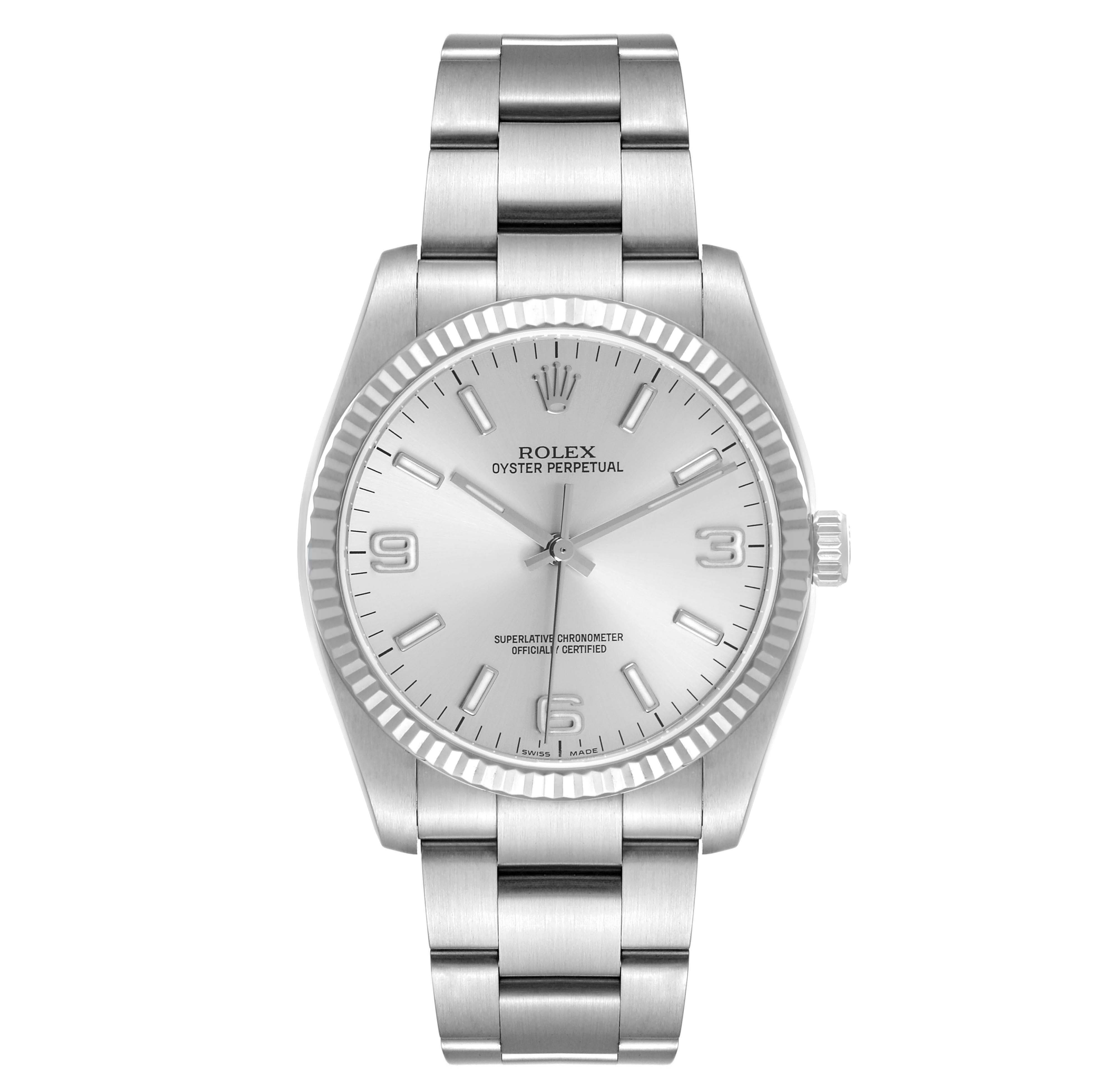 The Rolex Oyster Perpetual 116034 Men's Stainless Steel Silver Dial watch is shown from a front angle, displaying the face, bezel, and bracelet.