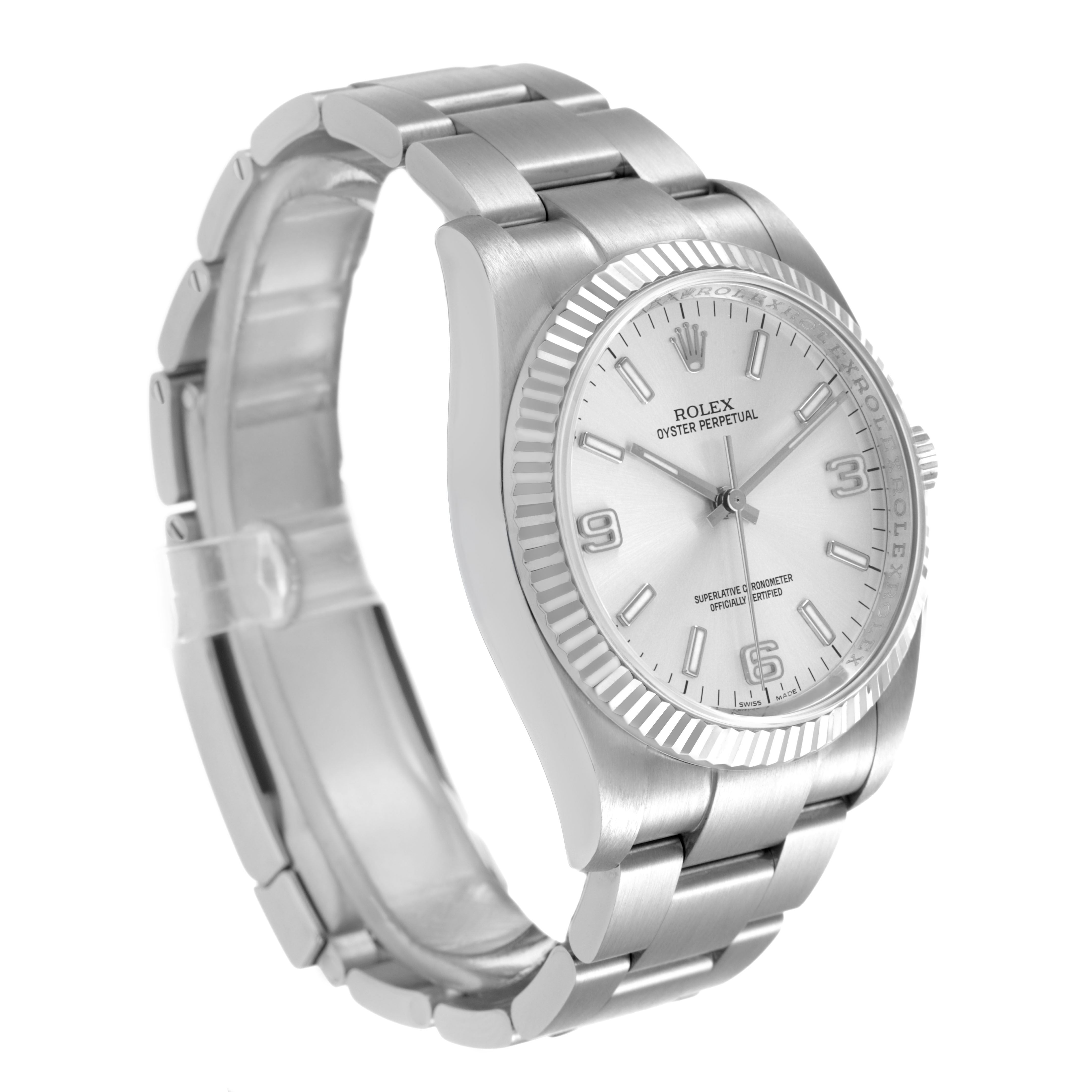The Rolex Oyster Perpetual 116034 Men's Stainless Steel Silver Dial watch is shown at a three-quarter angle, highlighting the face, bezel, and bracelet.