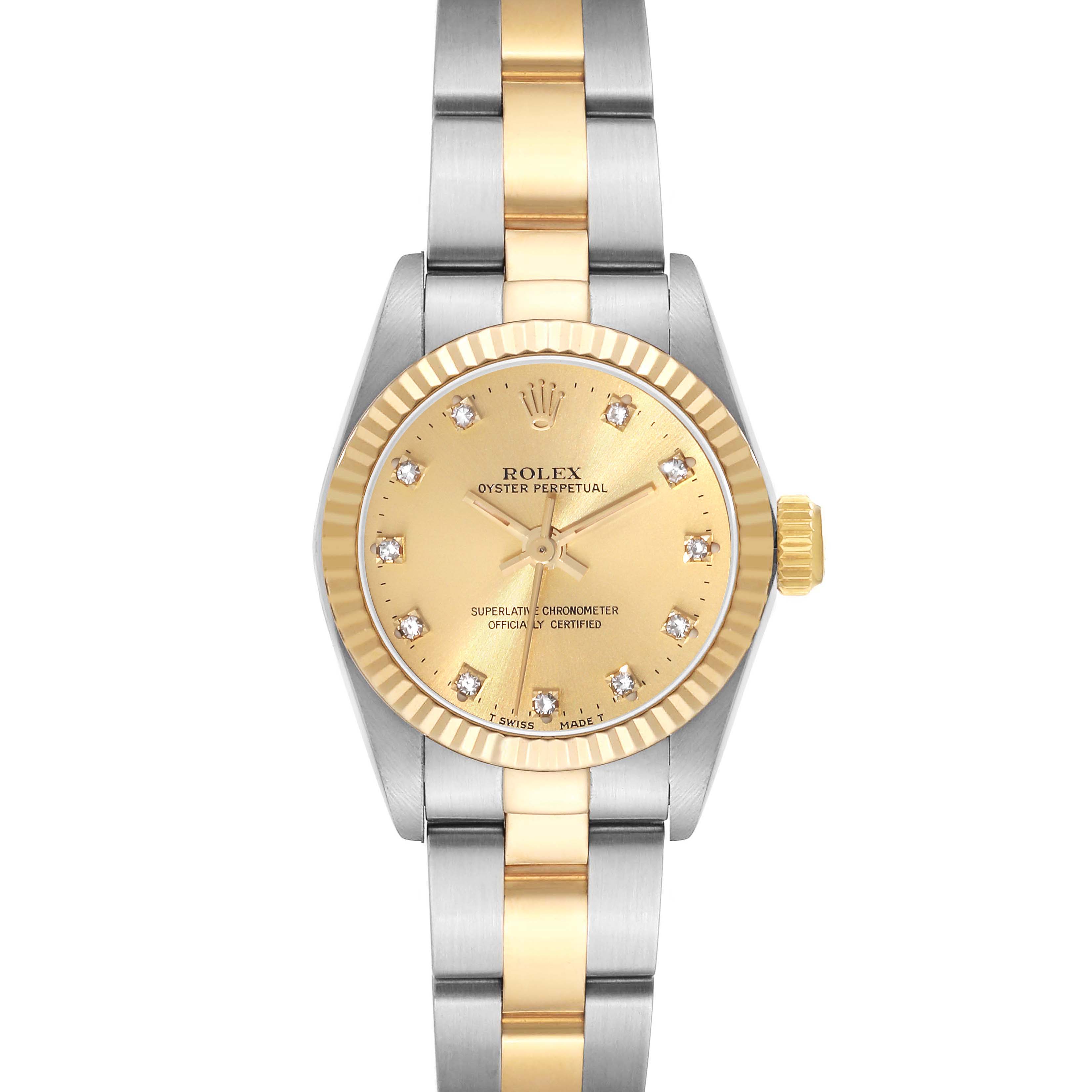 The Rolex Oyster Perpetual 67193 Women's Steel and Gold (two tone) Champagne Dial 67193 Women's Steel and Gold (two tone) Champagne Dial watch is shown from a top-down view, featuring a gold dial, diamond hour markers, and a two-tone bracelet.