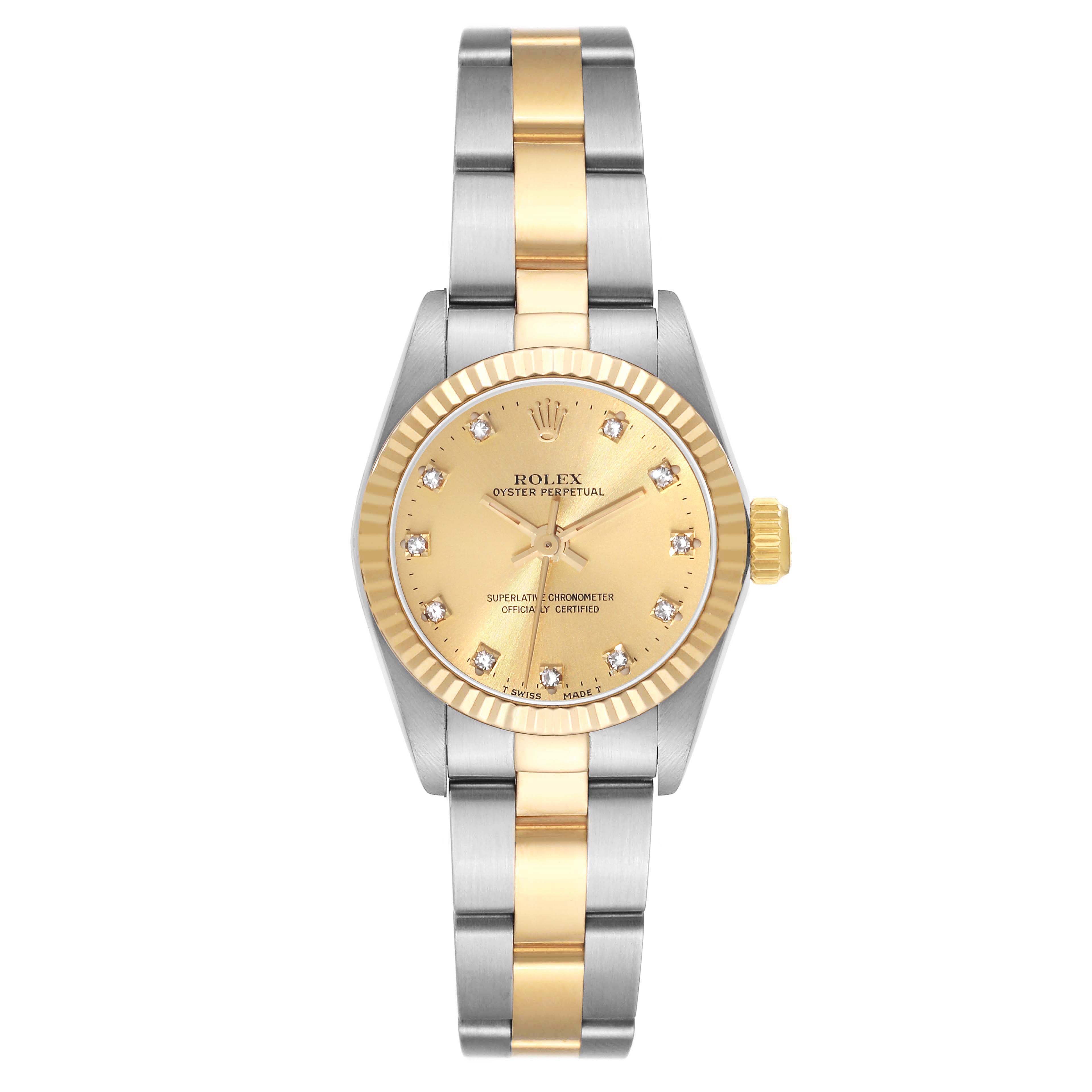 The image shows a front view of a Rolex Oyster Perpetual 67193 Women's Steel and Gold (two tone) Champagne Dial 67193 Women's Steel and Gold (two tone) Champagne Dial watch showcasing its gold dial, two-tone bracelet, and diamond hour markers.