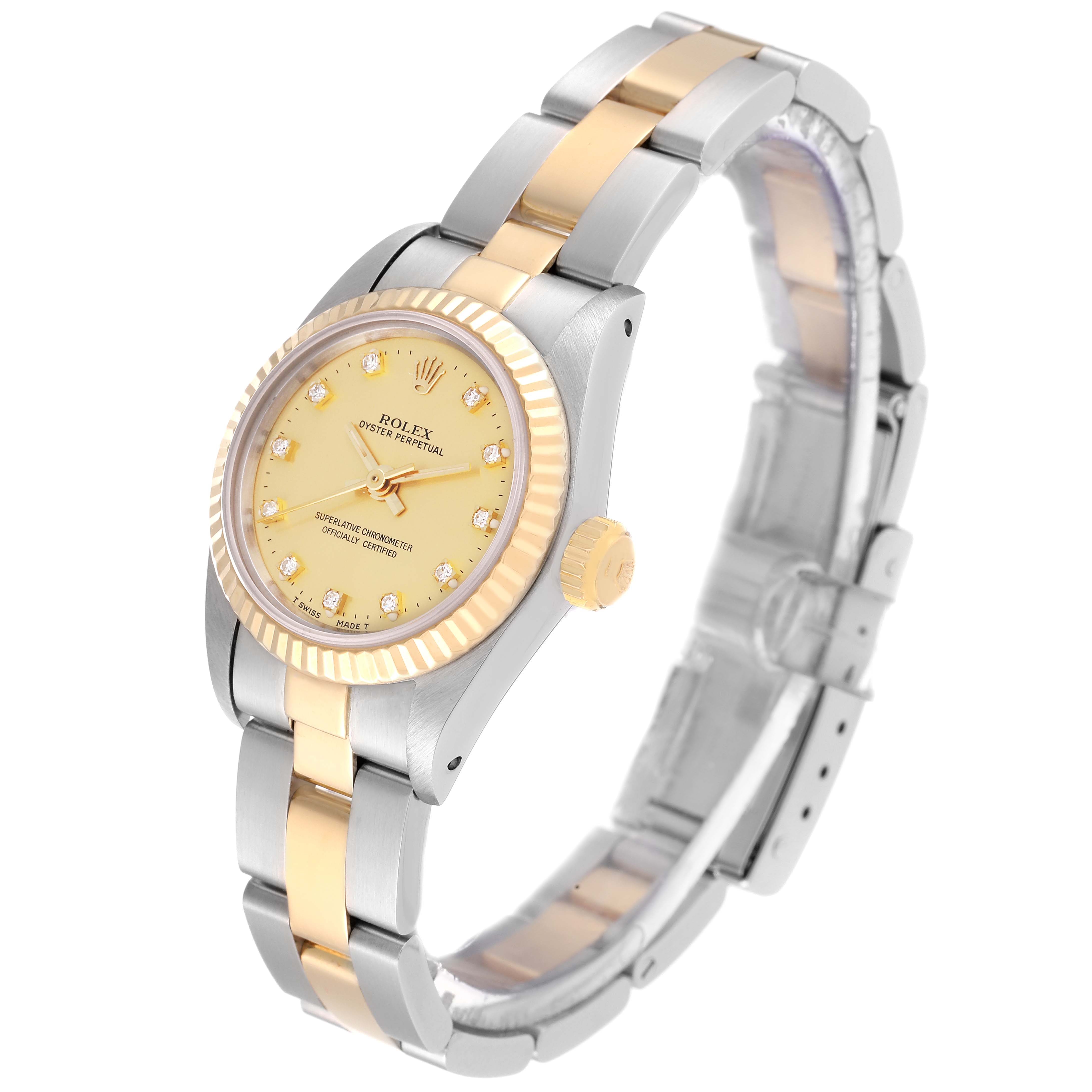 The image shows a side angle of a Rolex Oyster Perpetual 67193 Women's Steel and Gold (two tone) Champagne Dial 67193 Women's Steel and Gold (two tone) Champagne Dial watch, highlighting its two-tone bracelet, dial, and bezel.