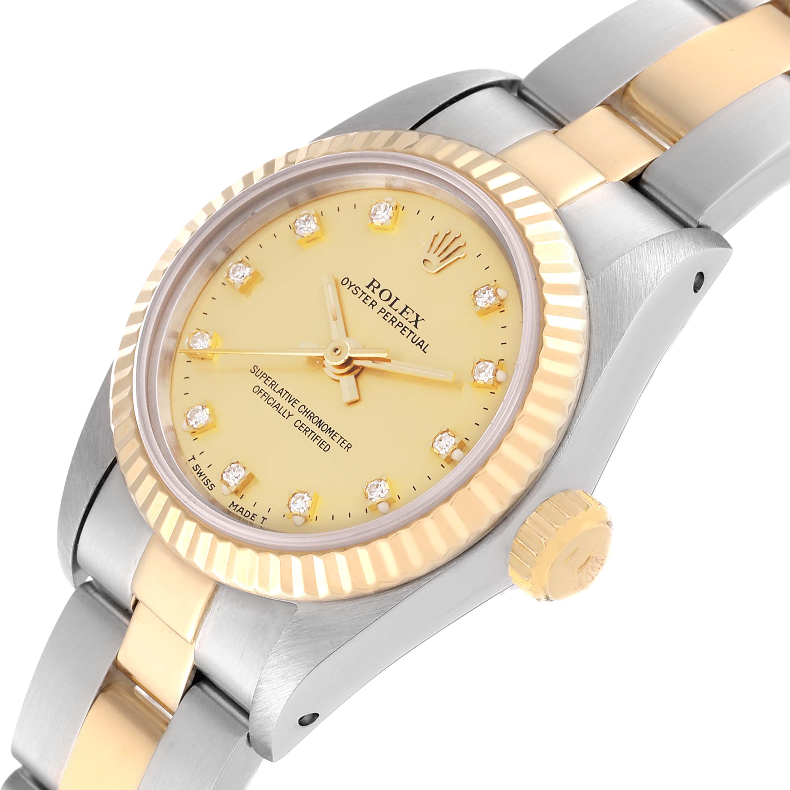This image shows a close-up angle of the Rolex Oyster Perpetual 67193 Women's Steel and Gold (two tone) Champagne Dial 67193 Women's Steel and Gold (two tone) Champagne Dial watch, highlighting the dial, bezel, and part of the bracelet.